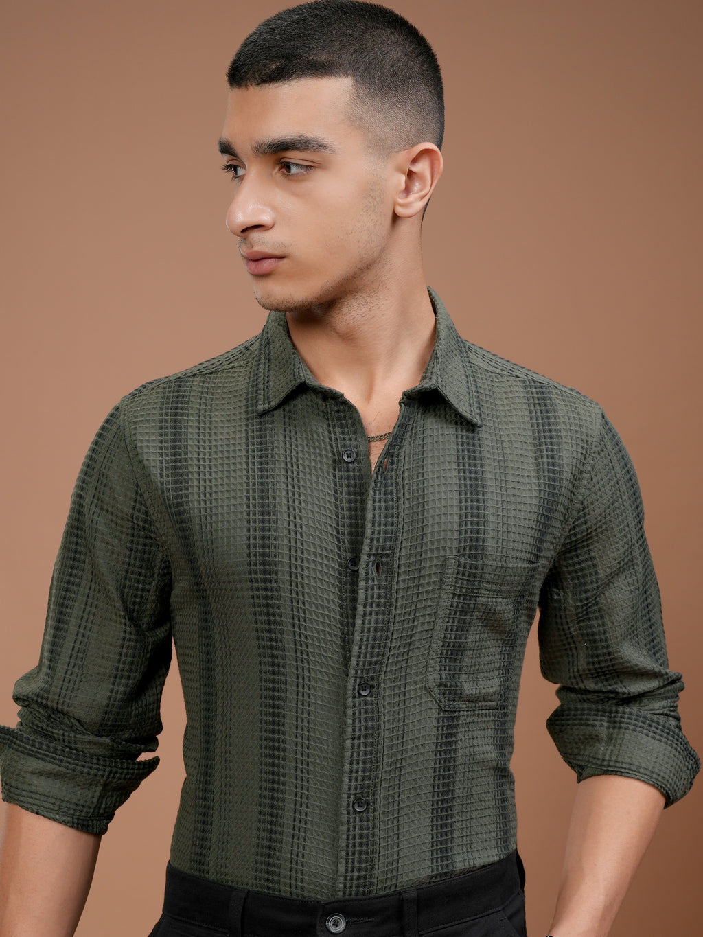Highlander Men Olive Striped Slim Fit Casual Shirt - Olive - Image 1