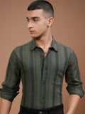 Highlander Men Olive Striped Slim Fit Casual Shirt - Olive - Image 1