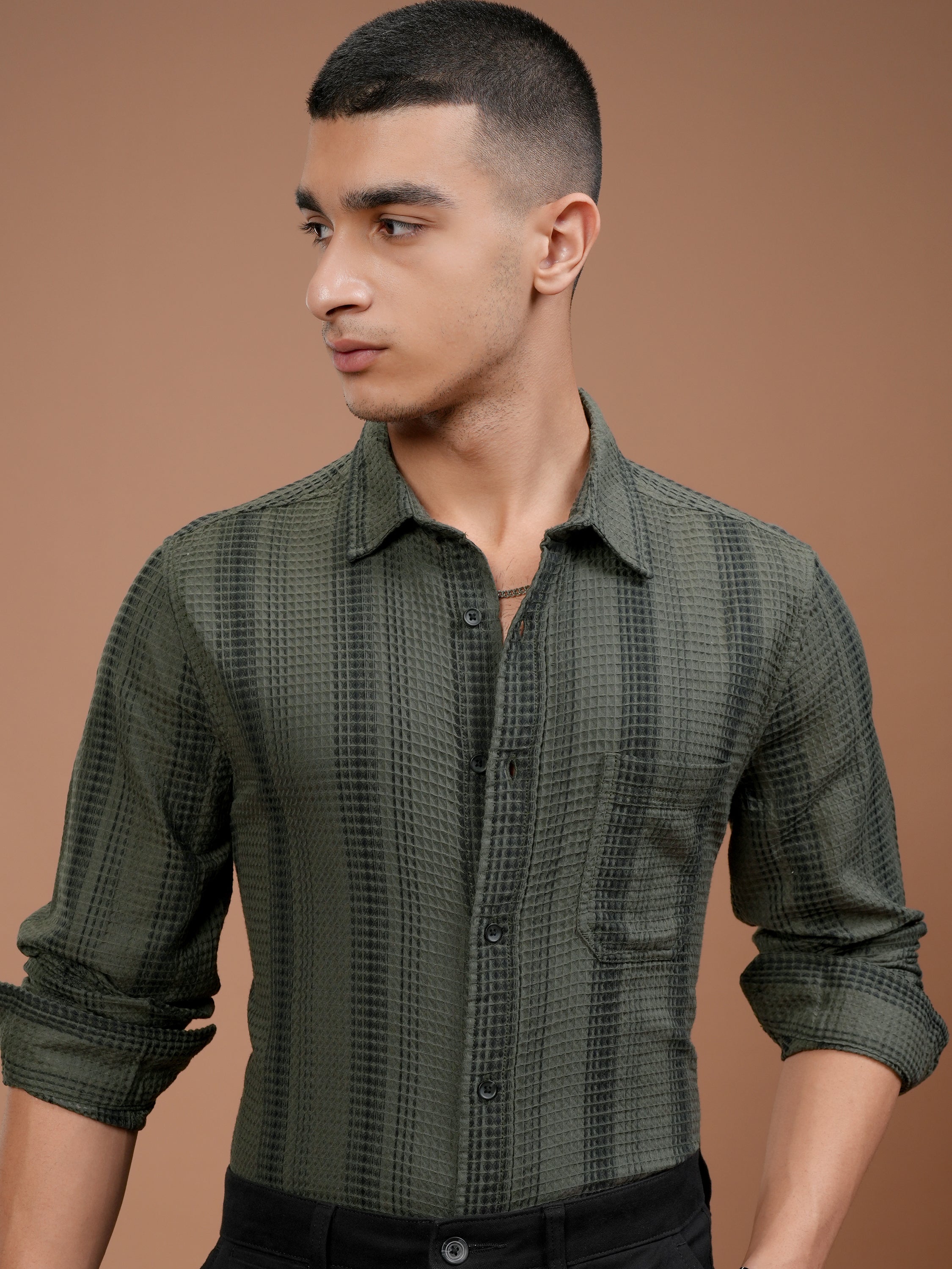 Highlander Men Olive Striped Slim Fit Casual Shirt - Olive - Image 1
