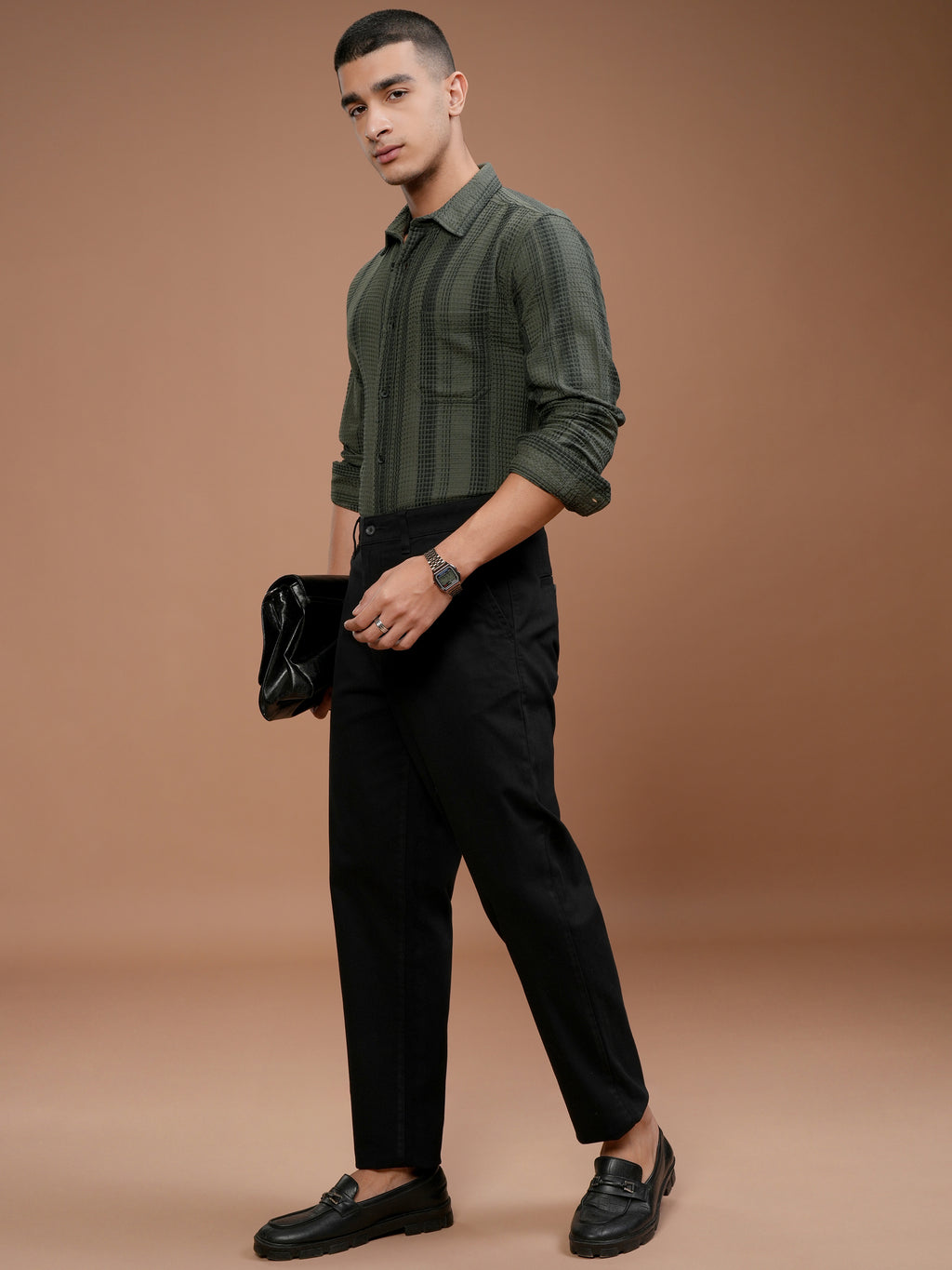 Highlander Men Olive Striped Slim Fit Casual Shirt - Olive - Image 2