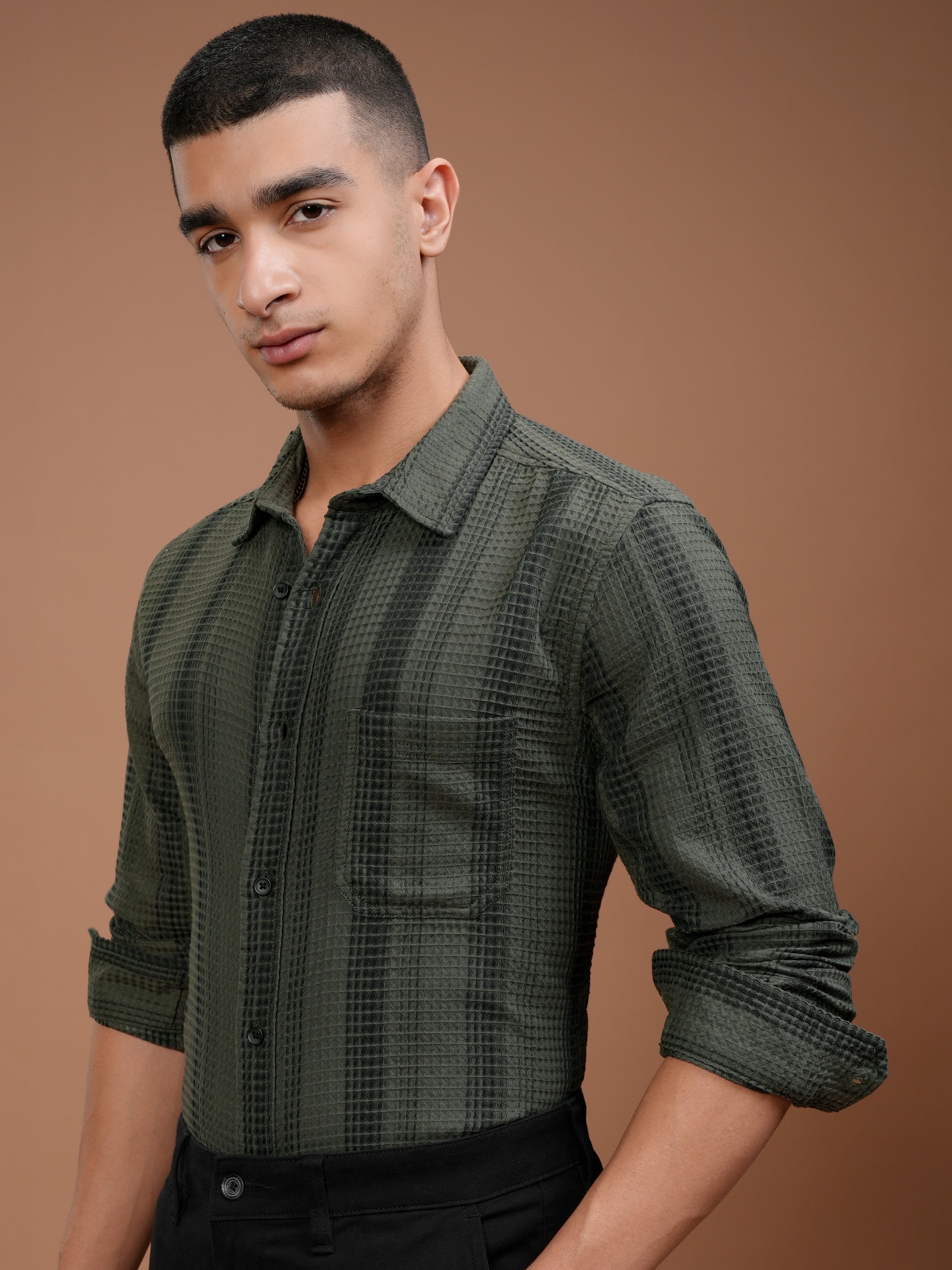 Highlander Men Olive Striped Slim Fit Casual Shirt - Olive - Image 4