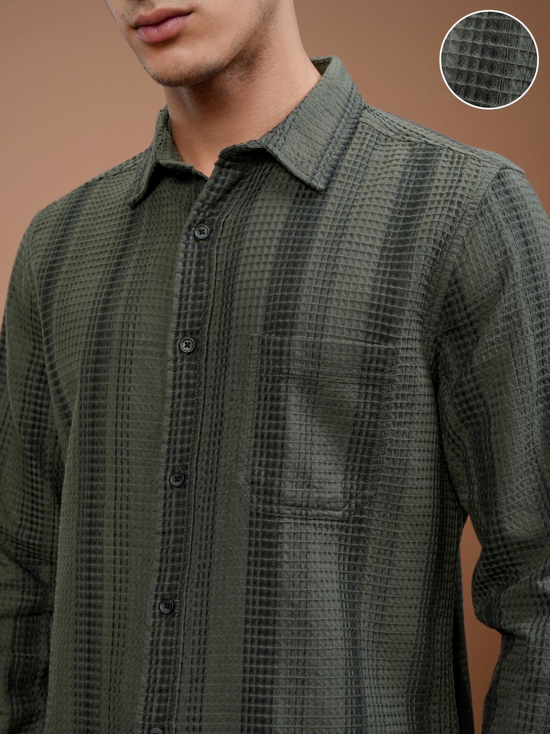 Highlander Men Olive Striped Slim Fit Casual Shirt - Olive - Image 5