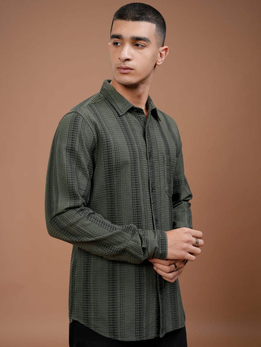 Highlander Men Olive Striped Slim Fit Casual Shirt - Olive - Image 6