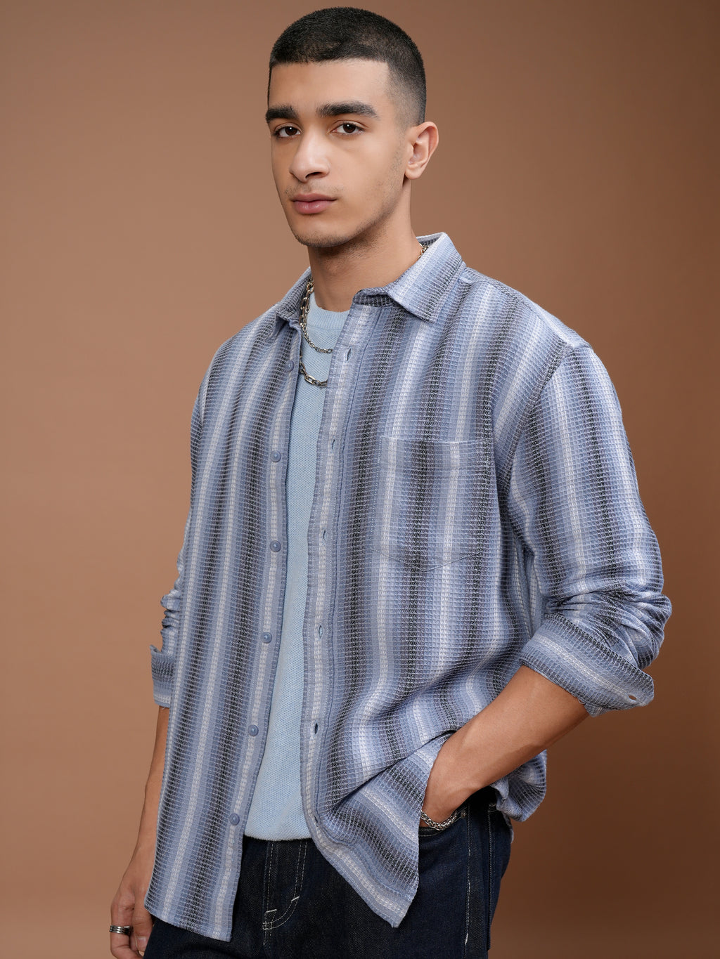 Highlander Men Blue Striped Relaxed Fit Casual Shirt - Blue - Image 4