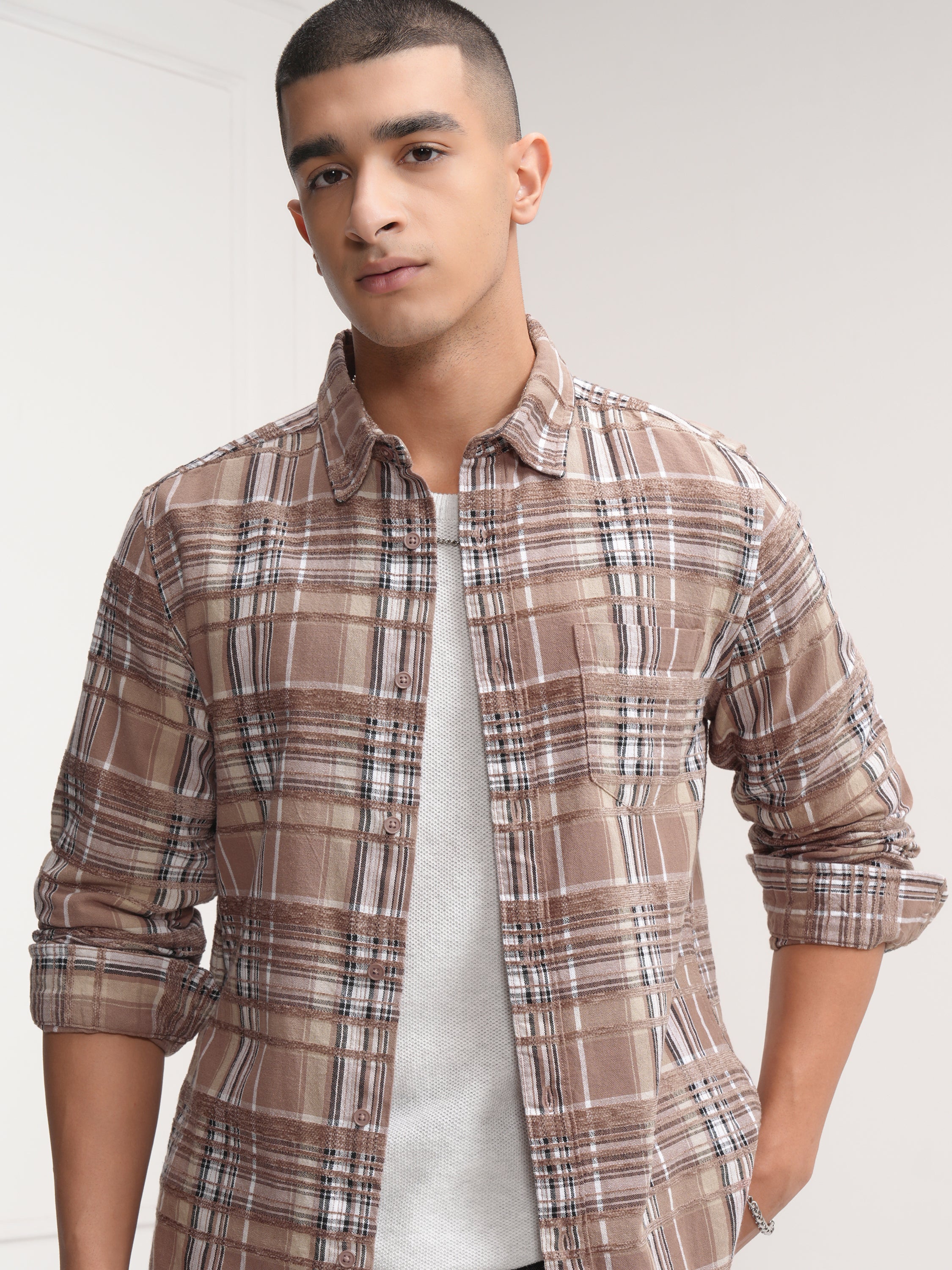 Highlander Men Brown Checked Slim Fit Casual Shirt - Brown - Image 1