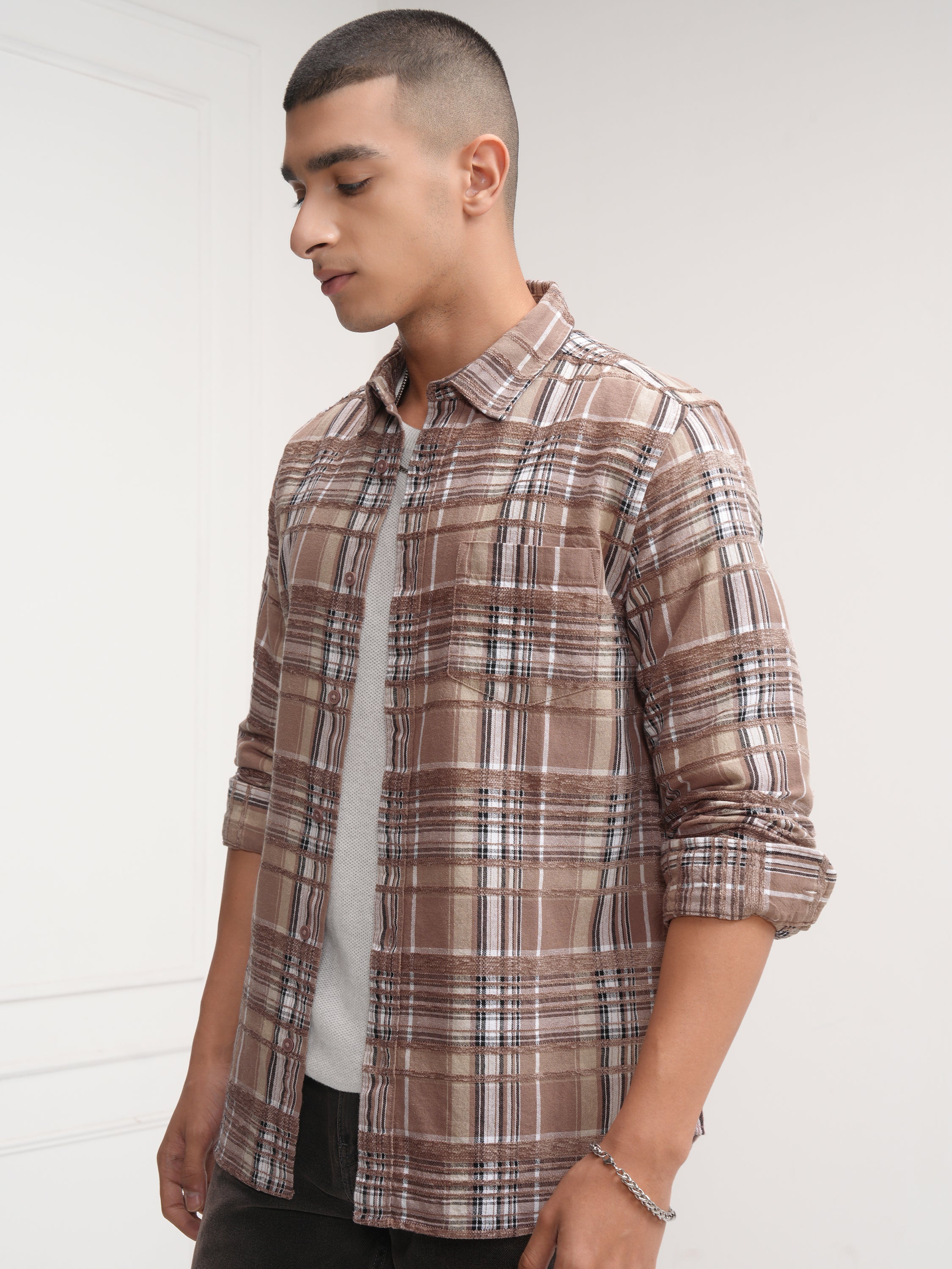 Highlander Men Brown Checked Slim Fit Casual Shirt - Brown - Image 4