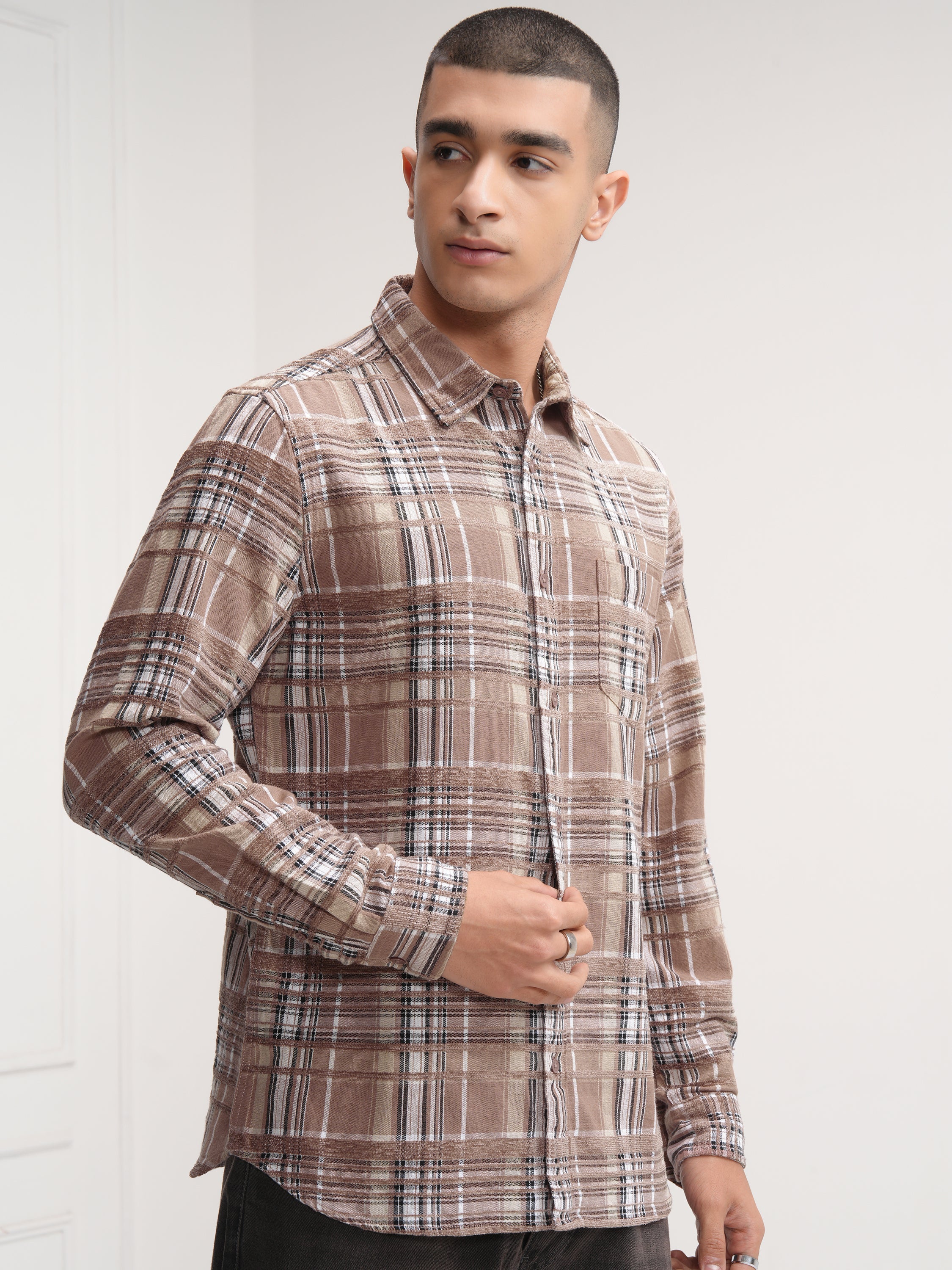 Highlander Men Brown Checked Slim Fit Casual Shirt - Brown - Image 6