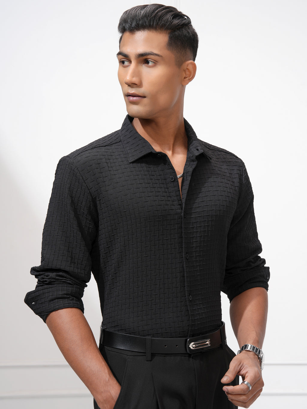 Highlander Men Black Solid Slim Fit Casual Shirt - Black - Image 6