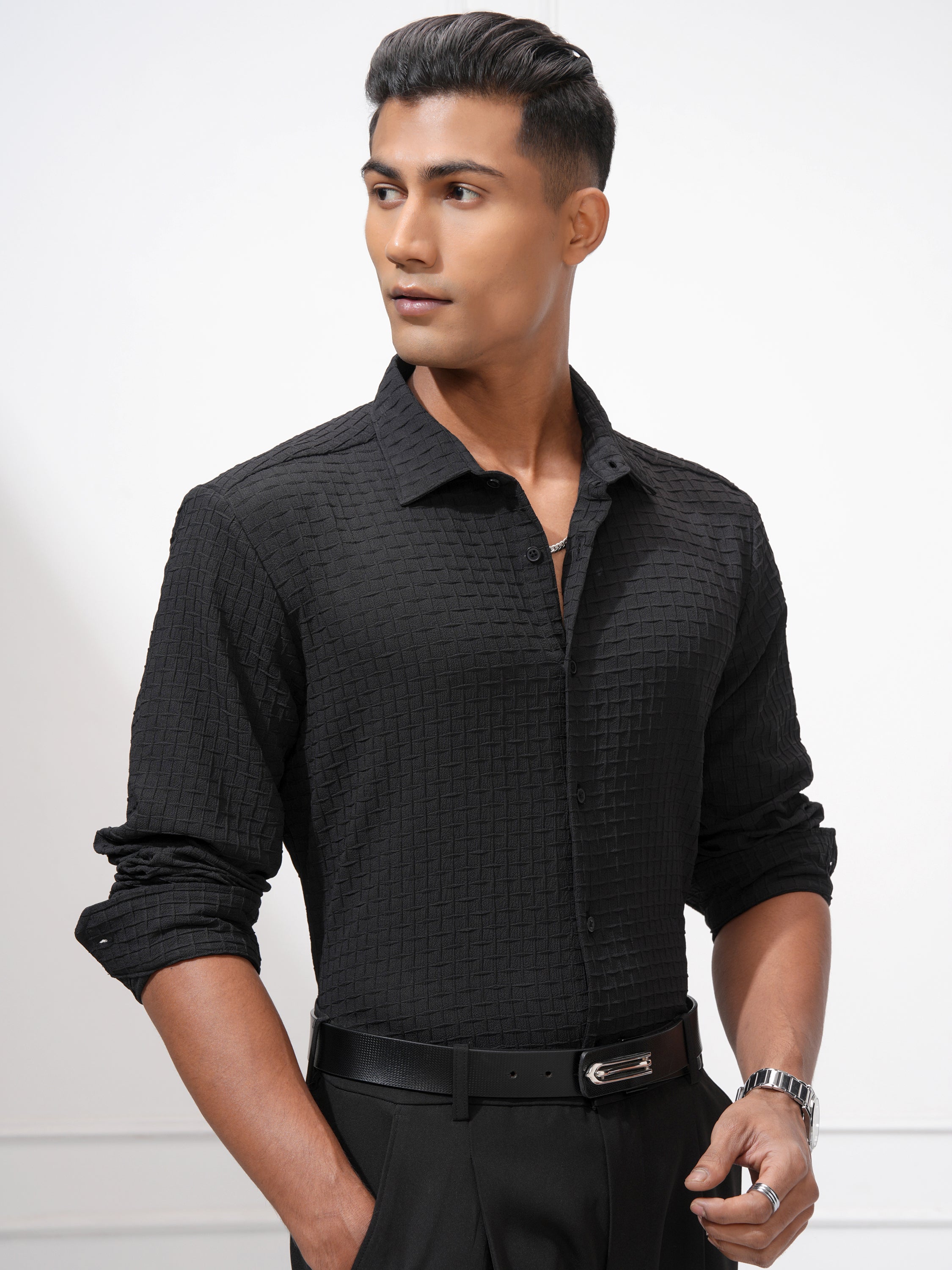 Highlander Men Black Solid Slim Fit Casual Shirt - Black - Image 6