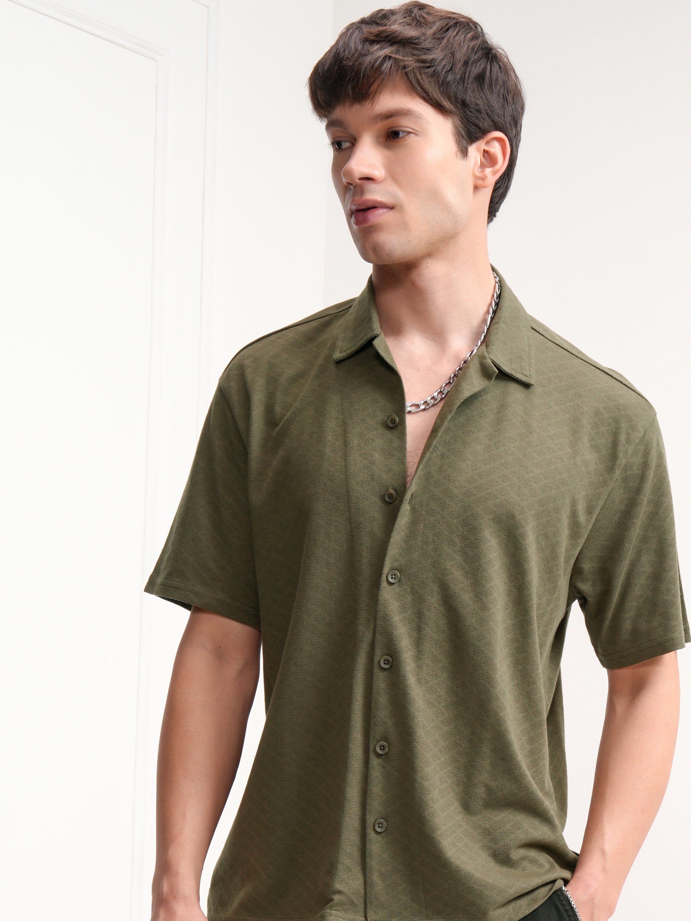 Highlander Men Olive Textured Relaxed Fit Casual Shirt - Olive - Image 1