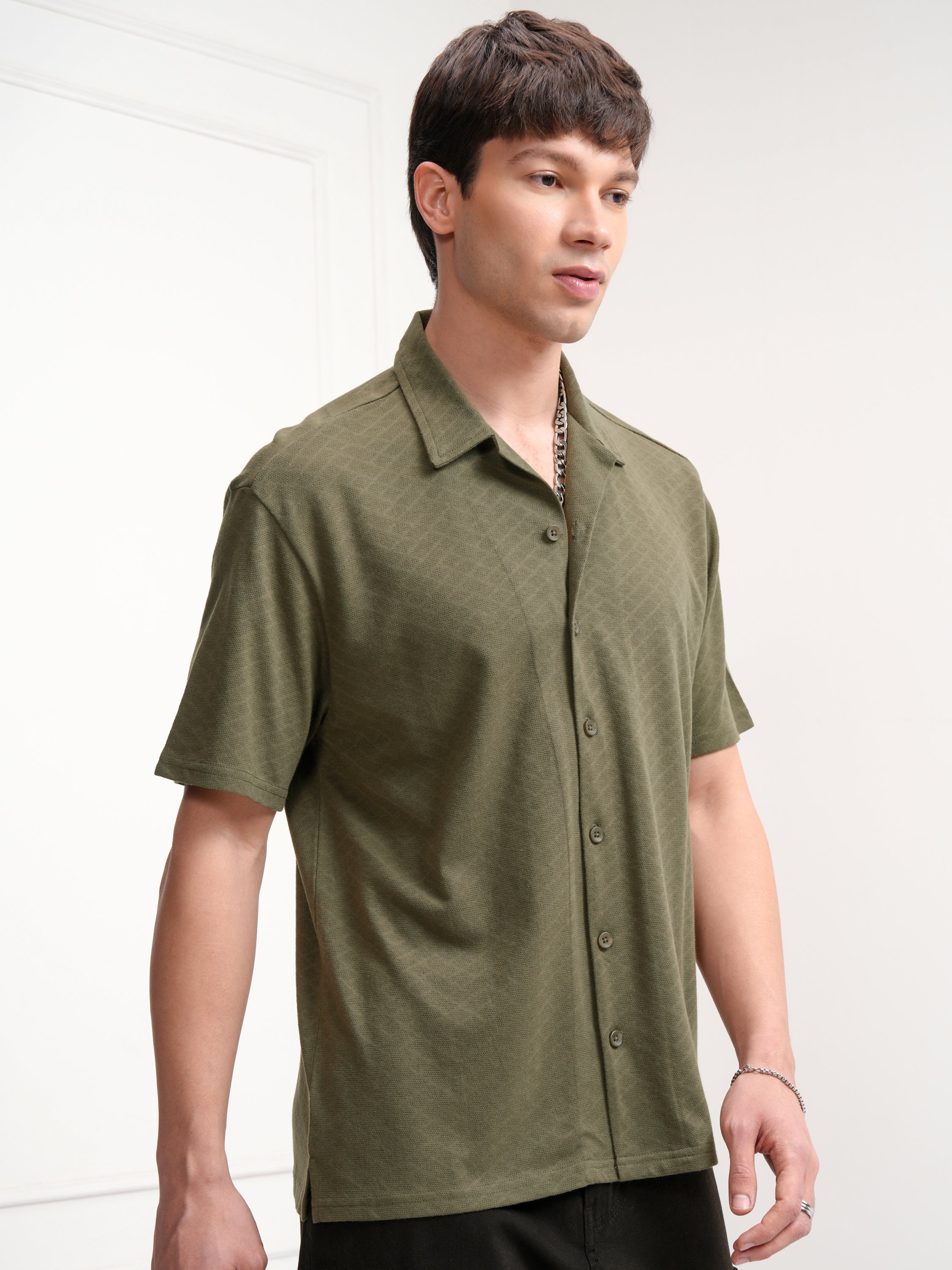Highlander Men Olive Textured Relaxed Fit Casual Shirt - Olive - Image 6