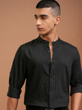 Highlander Men Black Striped Slim Fit Casual Shirt - Black - Image 1