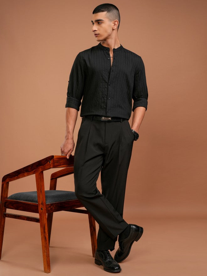 Highlander Men Black Striped Slim Fit Casual Shirt - Black - Image 2