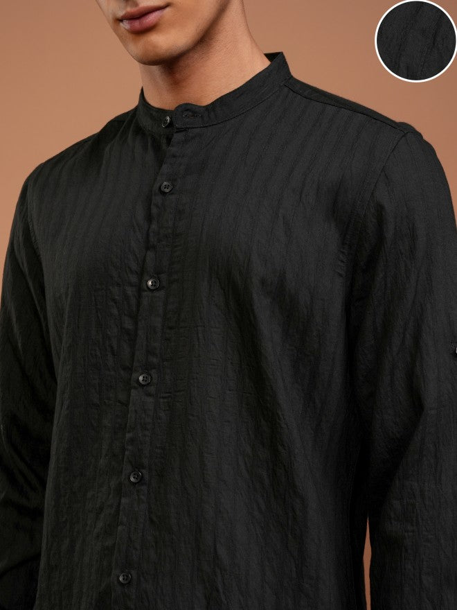 Highlander Men Black Striped Slim Fit Casual Shirt - Black - Image 5