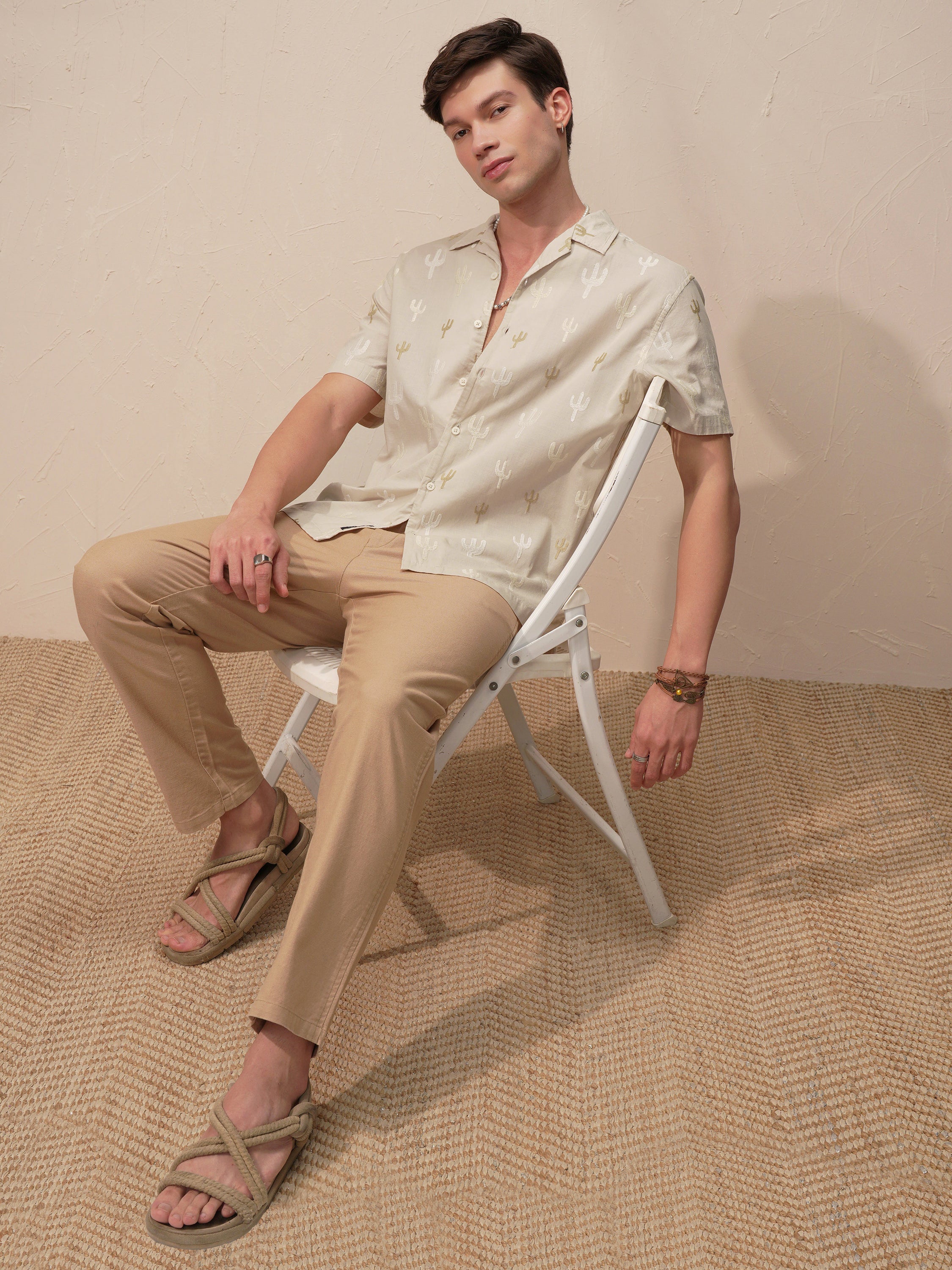 Highlander Men Cream Embroidered Relaxed Fit Casual Shirt - Cream - Image 2