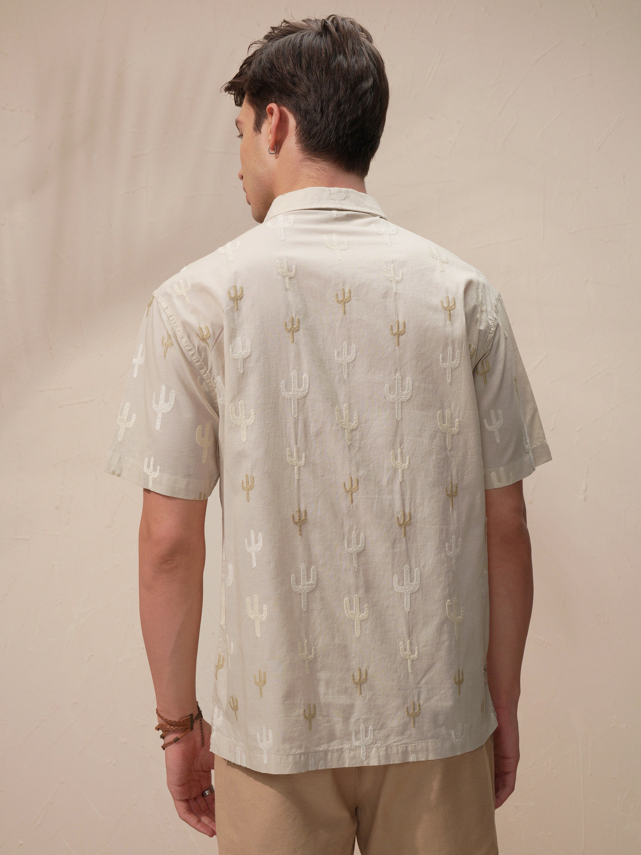 Highlander Men Cream Embroidered Relaxed Fit Casual Shirt - Cream - Image 3