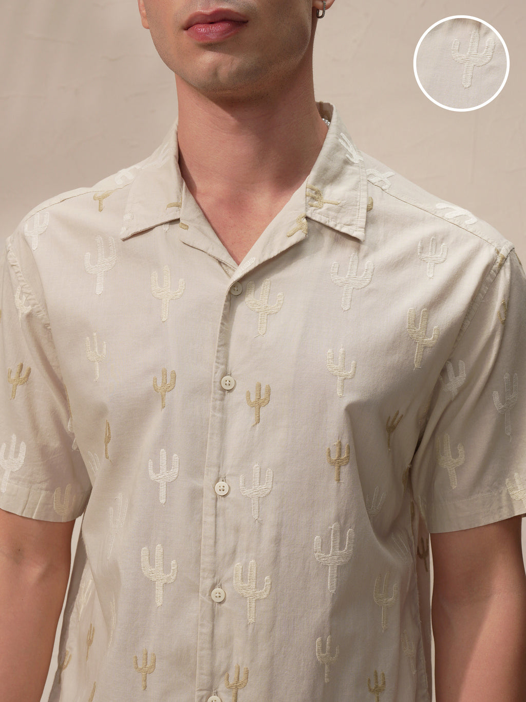 Highlander Men Cream Embroidered Relaxed Fit Casual Shirt - Cream - Image 5