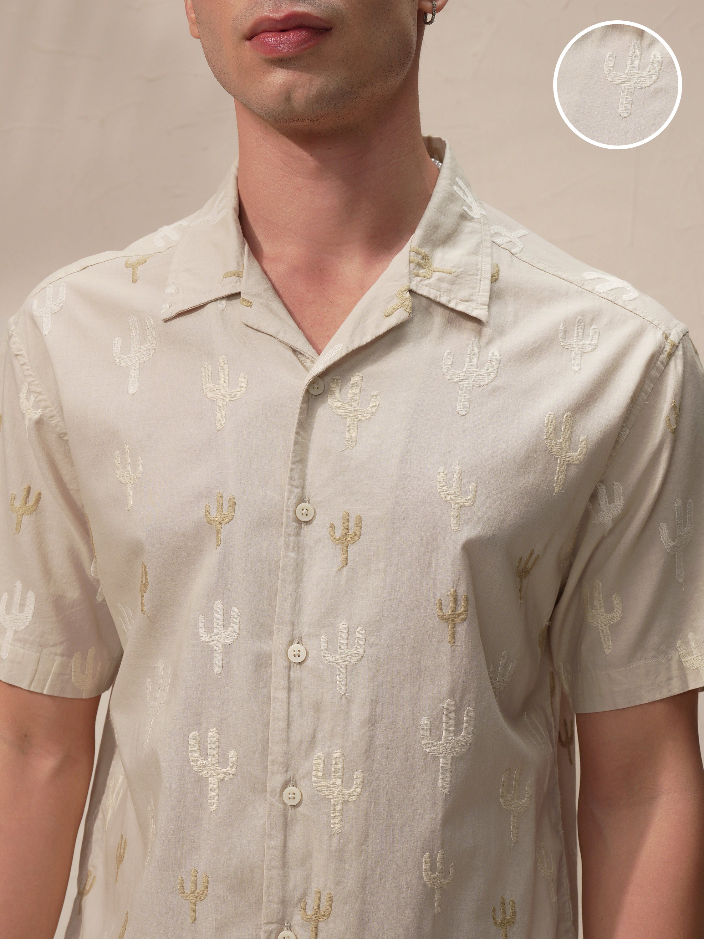 Highlander Men Cream Embroidered Relaxed Fit Casual Shirt - Cream - Image 5