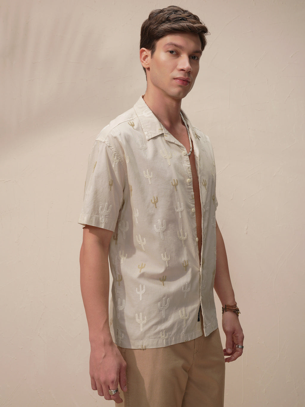 Highlander Men Cream Embroidered Relaxed Fit Casual Shirt - Cream - Image 6