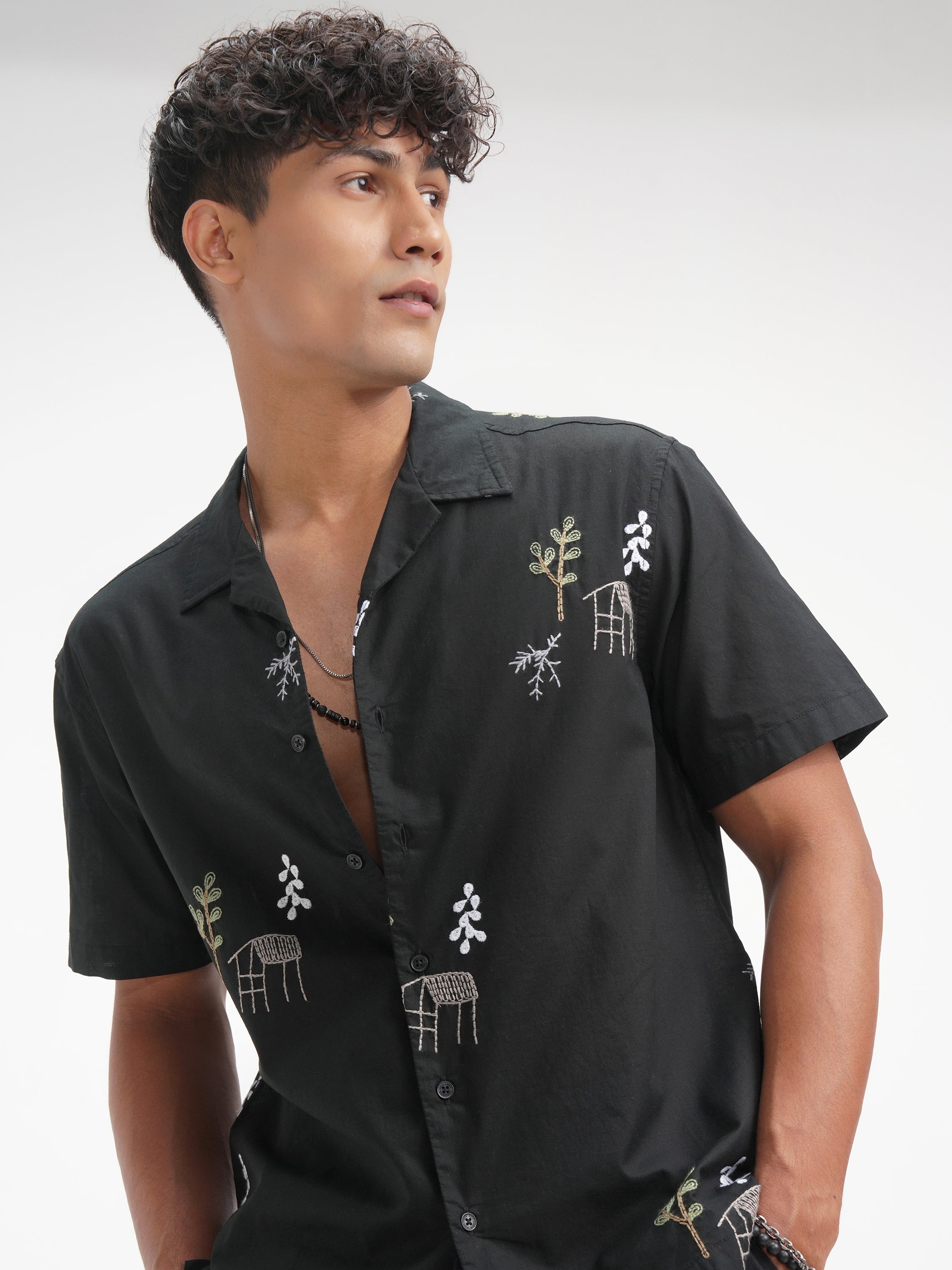 Highlander Men Black Embroidered Relaxed Fit Casual Shirt - Black - Image 1
