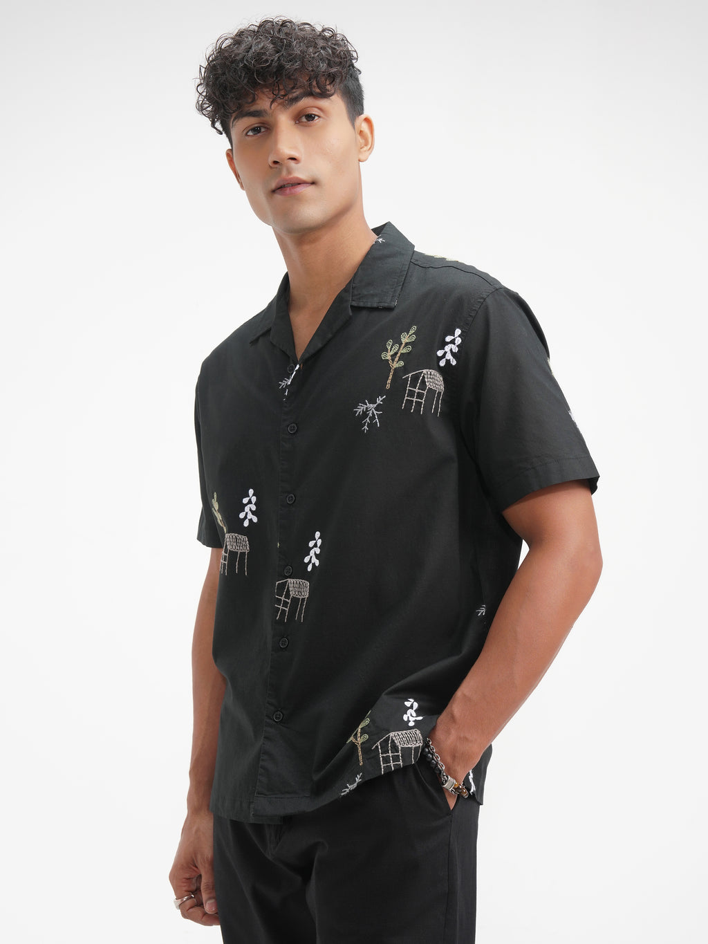 Highlander Men Black Embroidered Relaxed Fit Casual Shirt - Black - Image 4