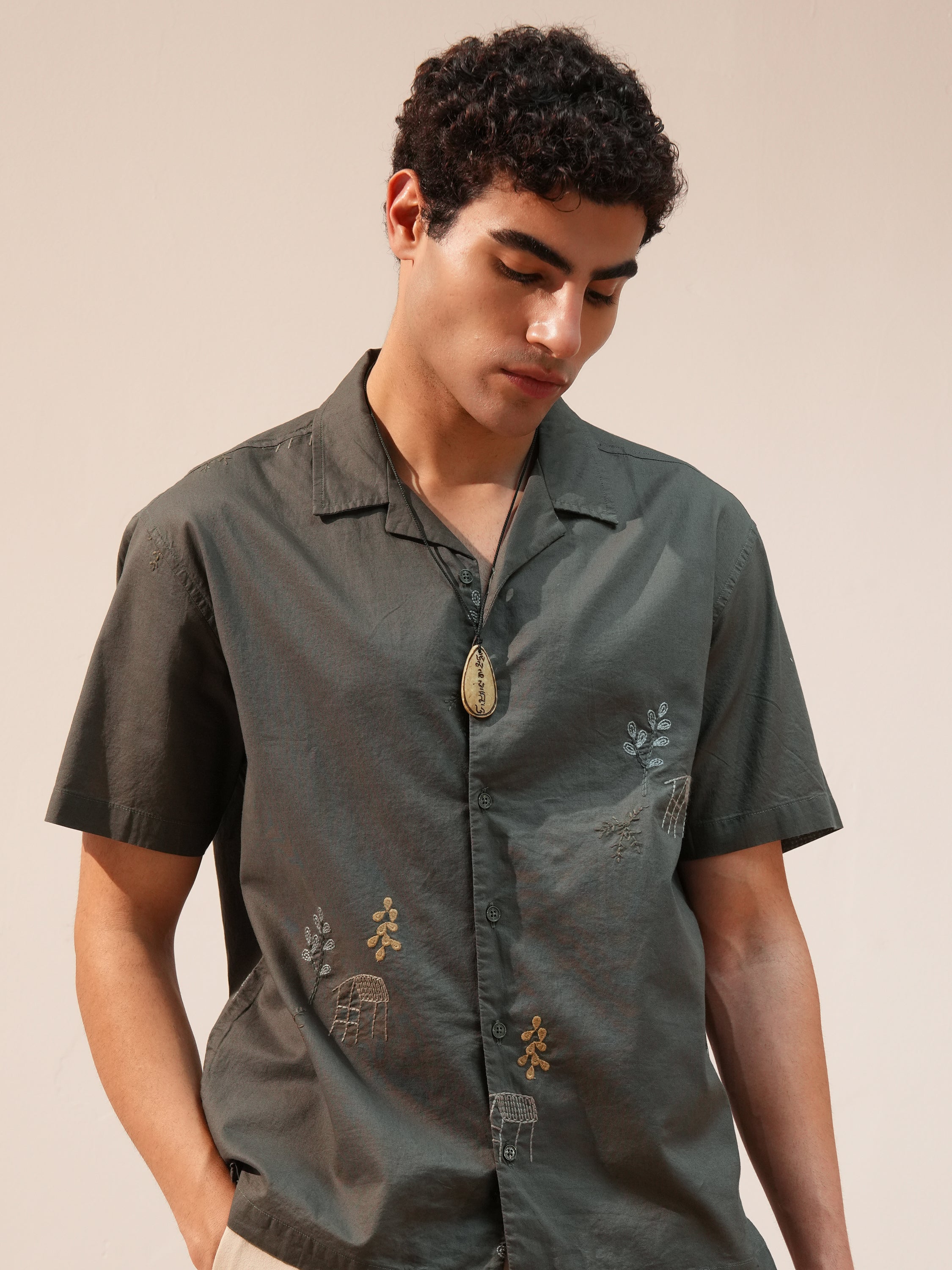 Highlander Men Olive Embroidered Relaxed Fit Casual Shirt - Olive - Image 1