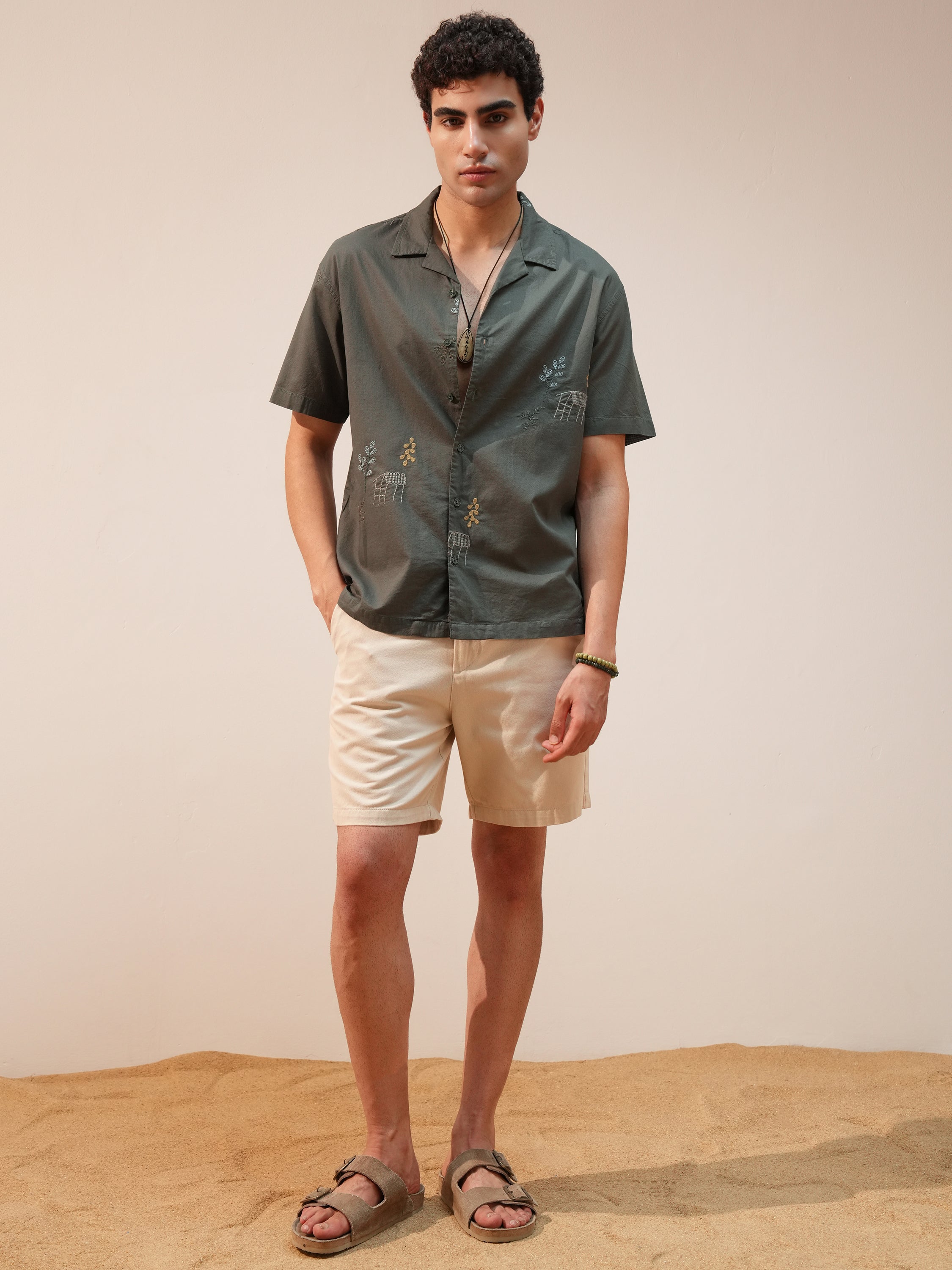 Highlander Men Olive Embroidered Relaxed Fit Casual Shirt - Olive - Image 2