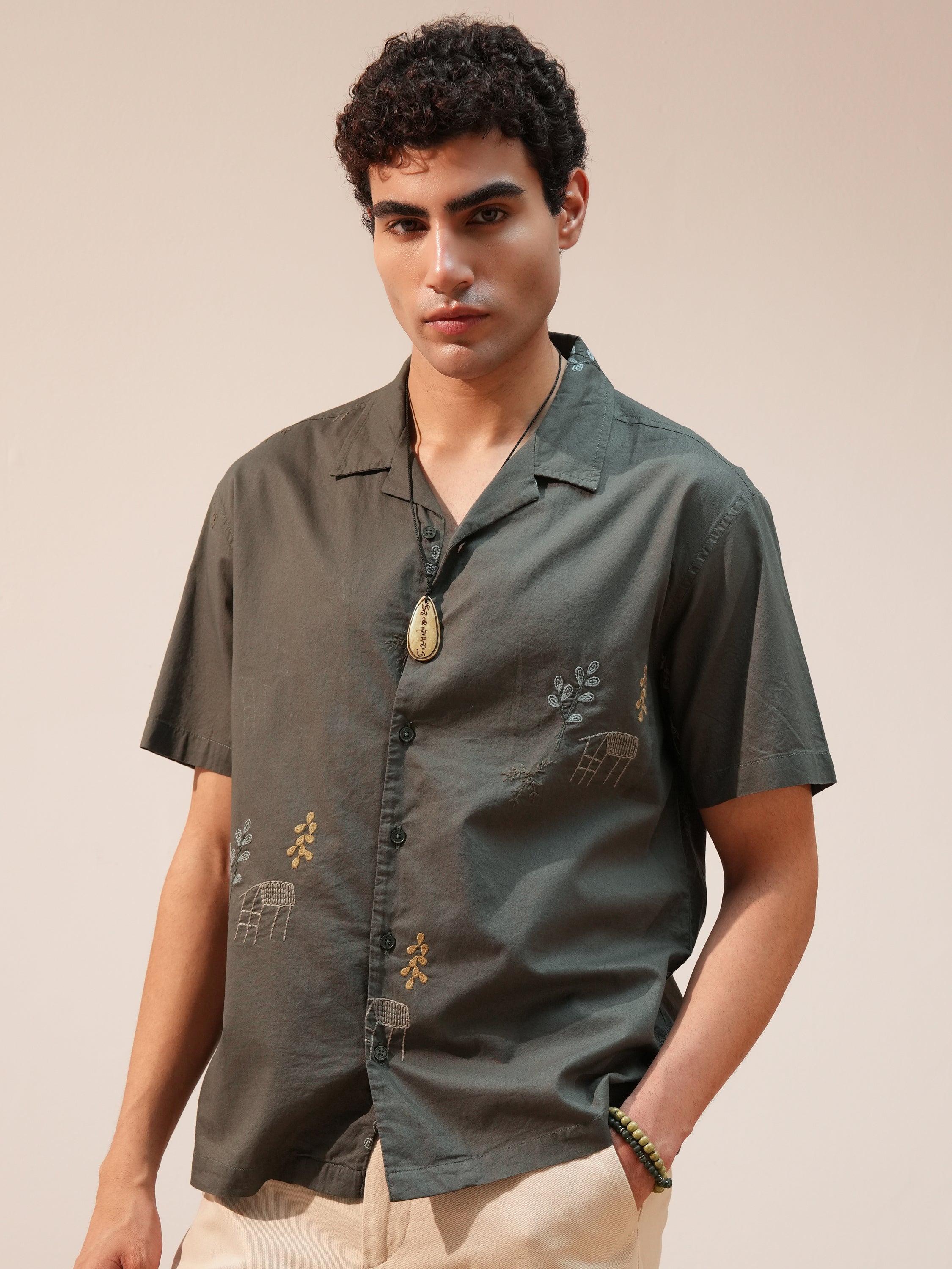 Highlander Men Olive Embroidered Relaxed Fit Casual Shirt - Olive - Image 4