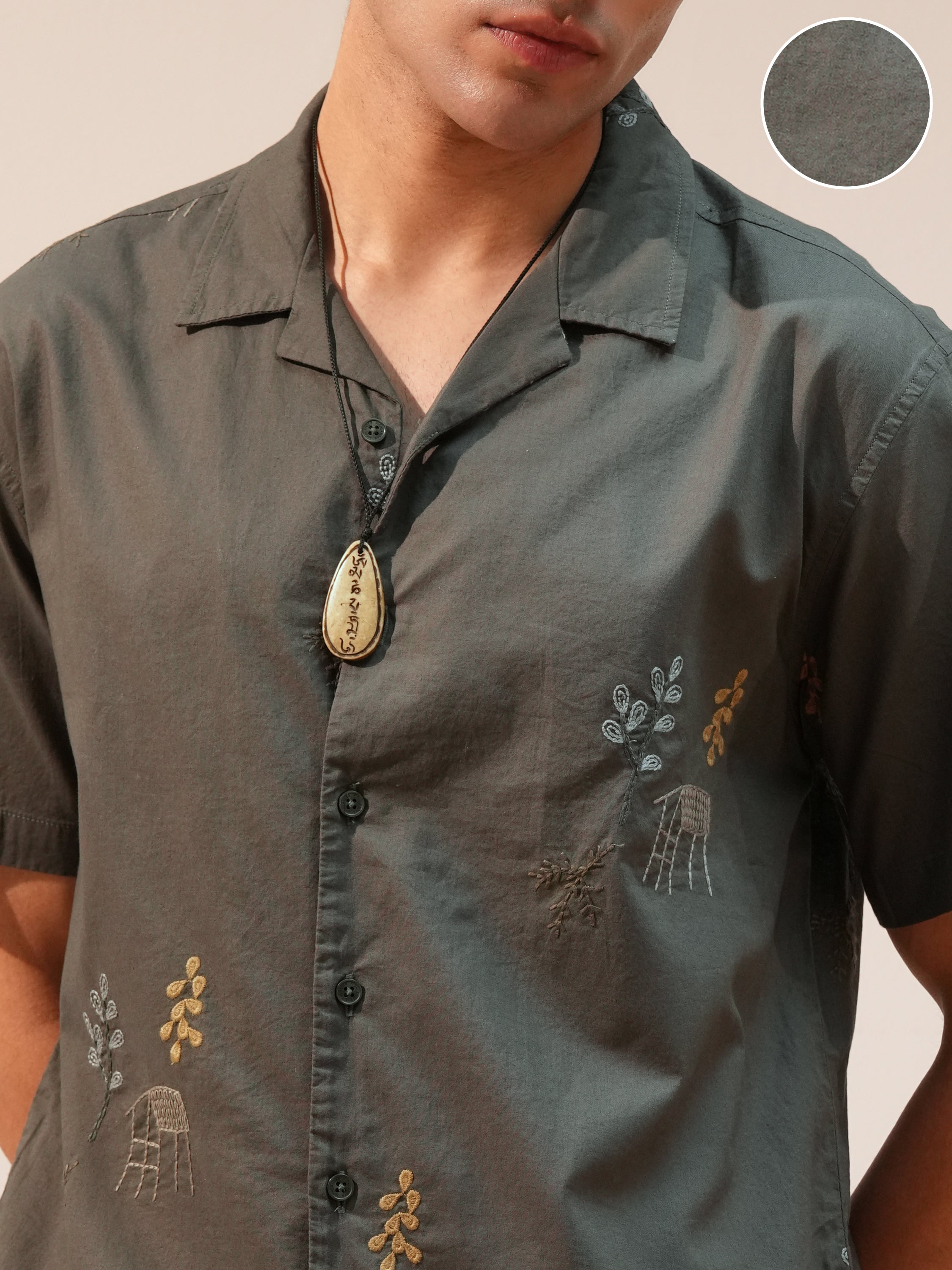 Highlander Men Olive Embroidered Relaxed Fit Casual Shirt - Olive - Image 5