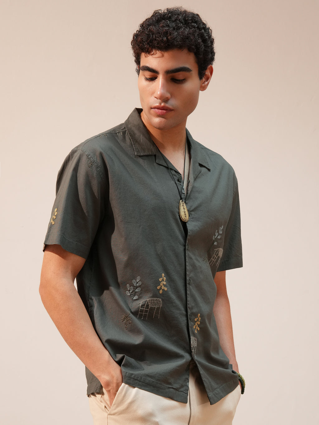 Highlander Men Olive Embroidered Relaxed Fit Casual Shirt - Olive - Image 6