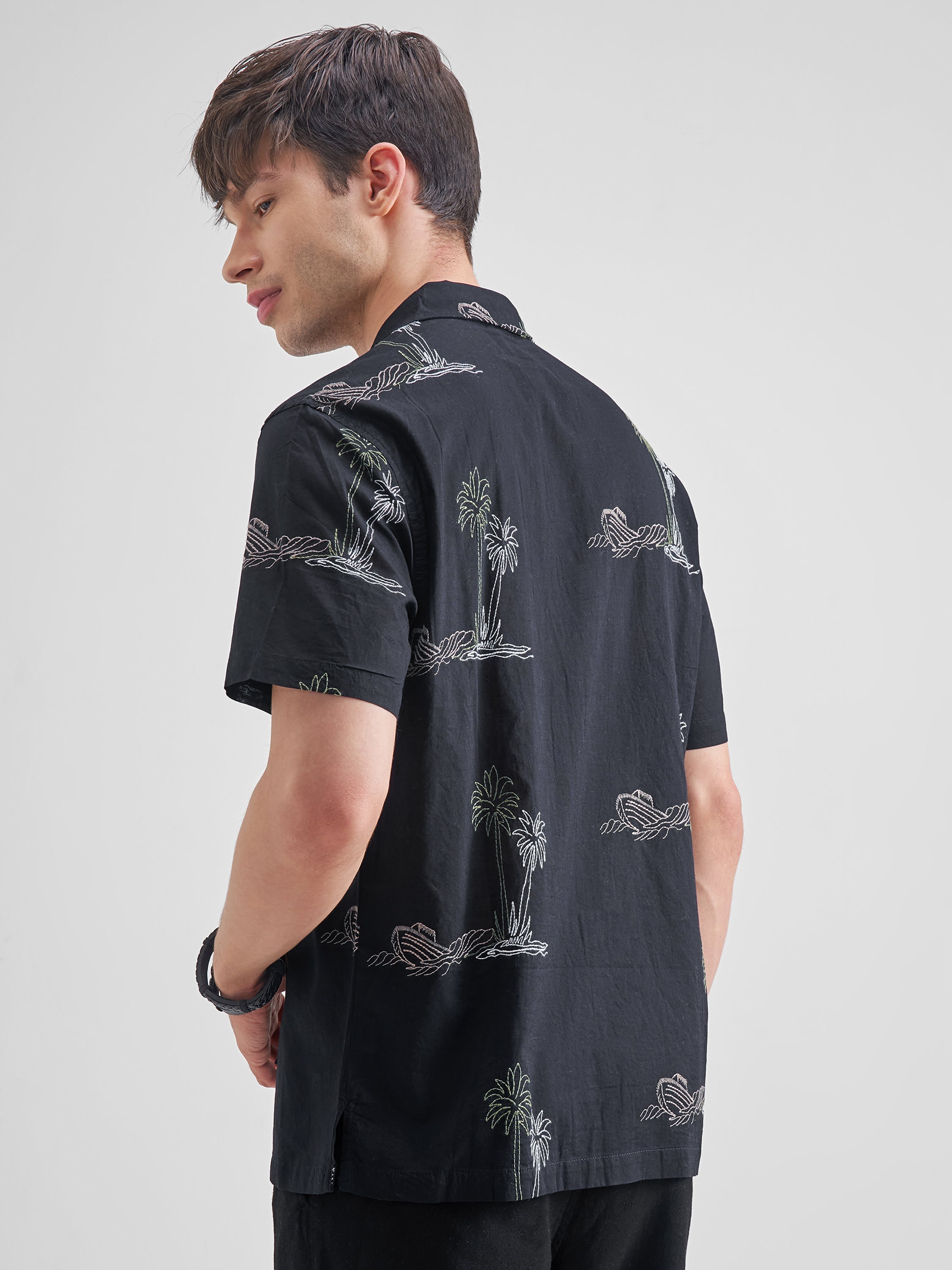 Highlander Men Black Embroidered Relaxed Fit Casual Shirt - Black - Image 3