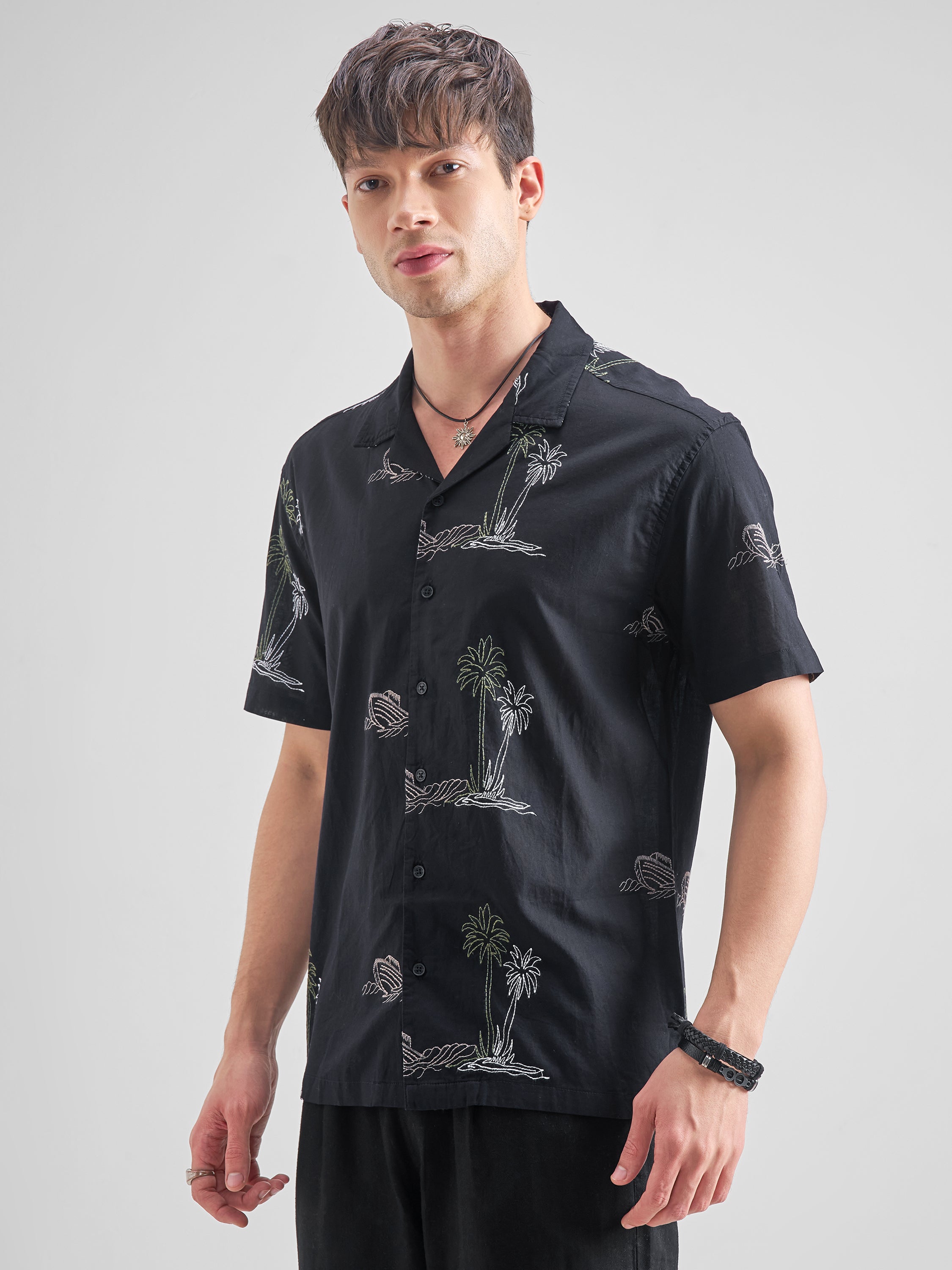 Highlander Men Black Embroidered Relaxed Fit Casual Shirt - Black - Image 4