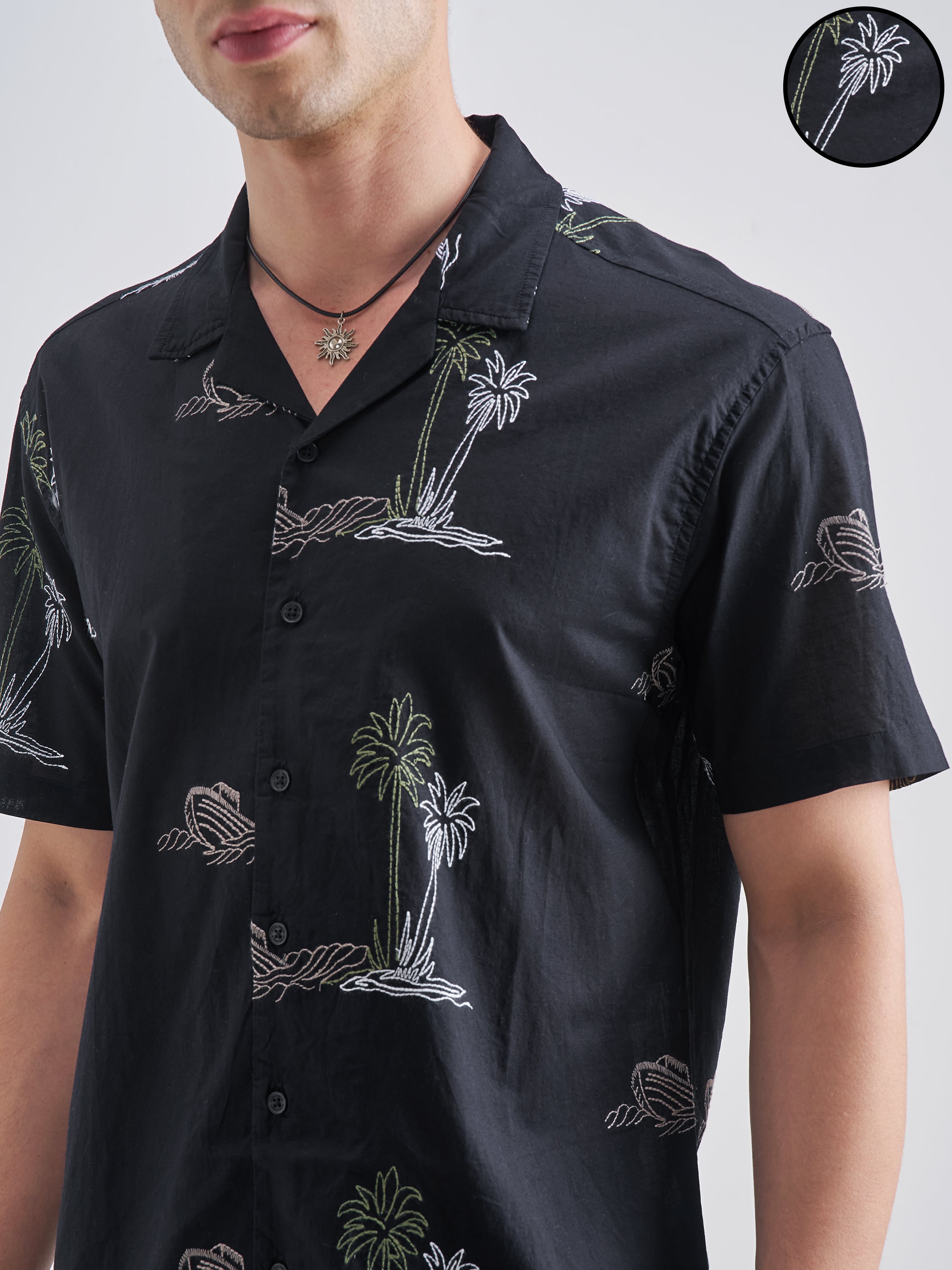 Highlander Men Black Embroidered Relaxed Fit Casual Shirt - Black - Image 5