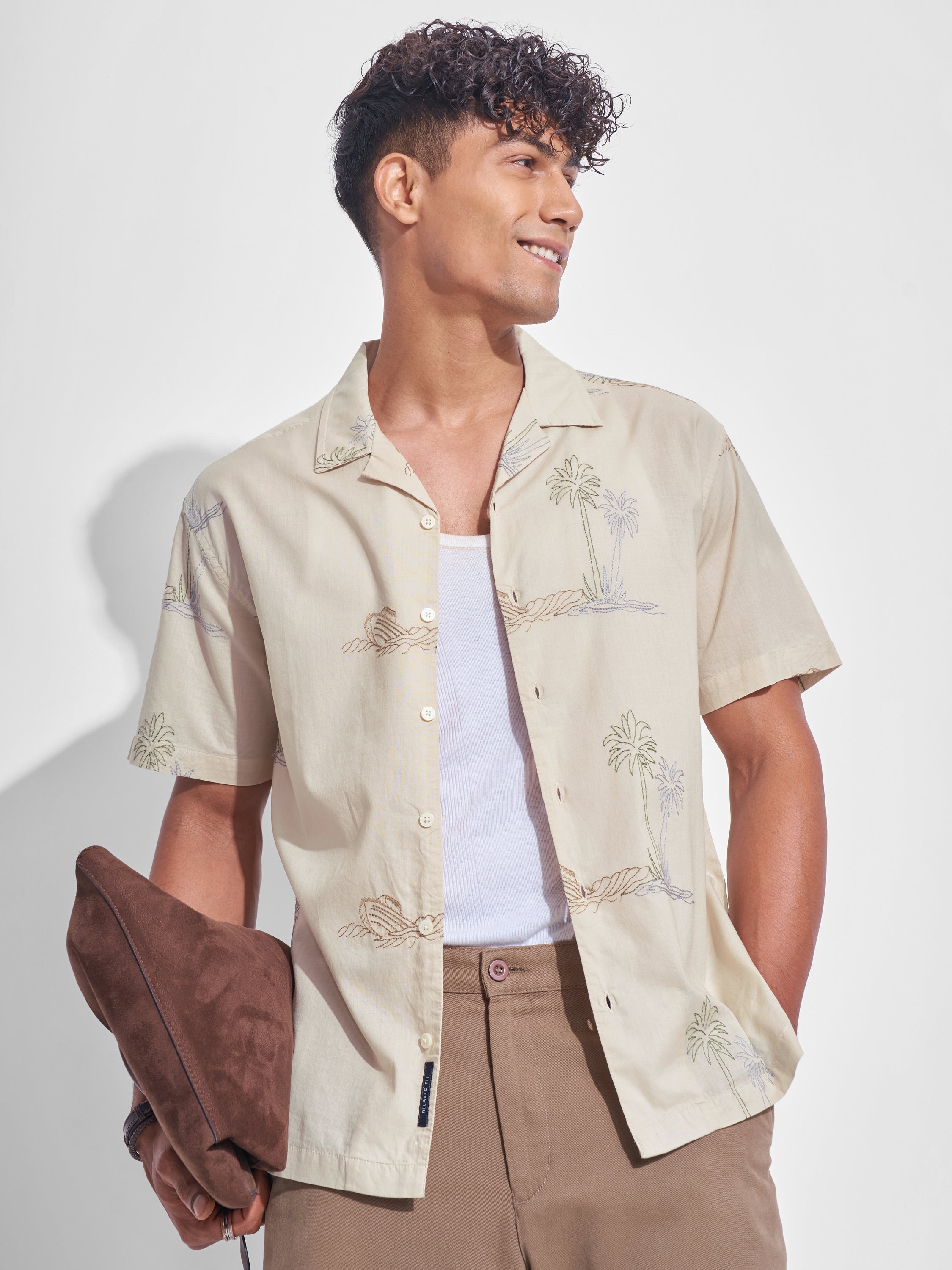 Highlander Men Cream Embroidered Relaxed Fit Casual Shirt - Cream - Image 1