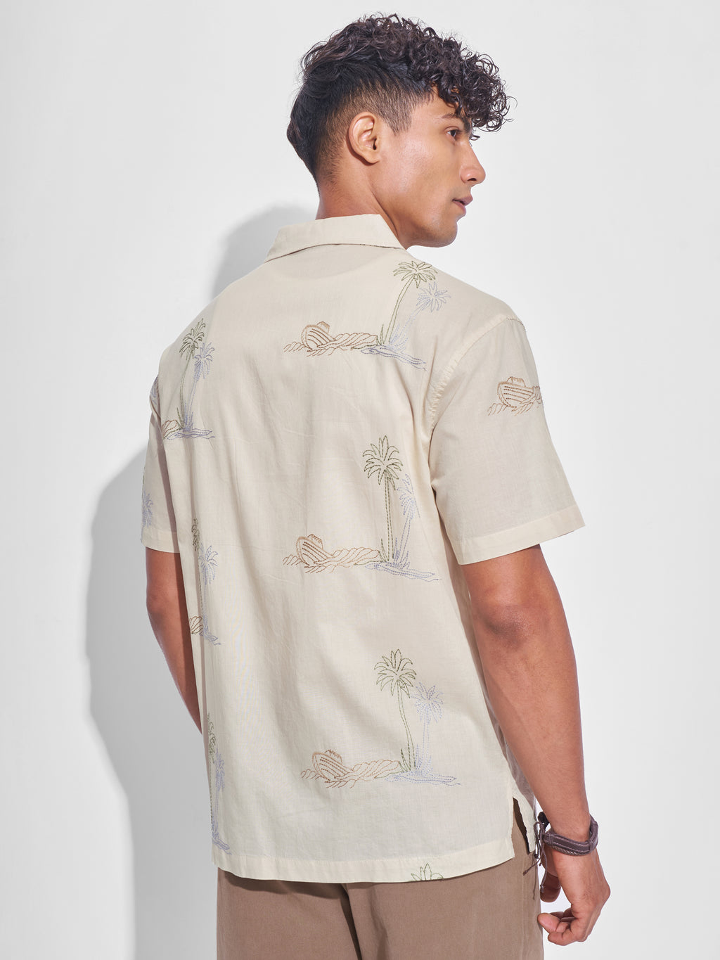 Highlander Men Cream Embroidered Relaxed Fit Casual Shirt - Cream - Image 3