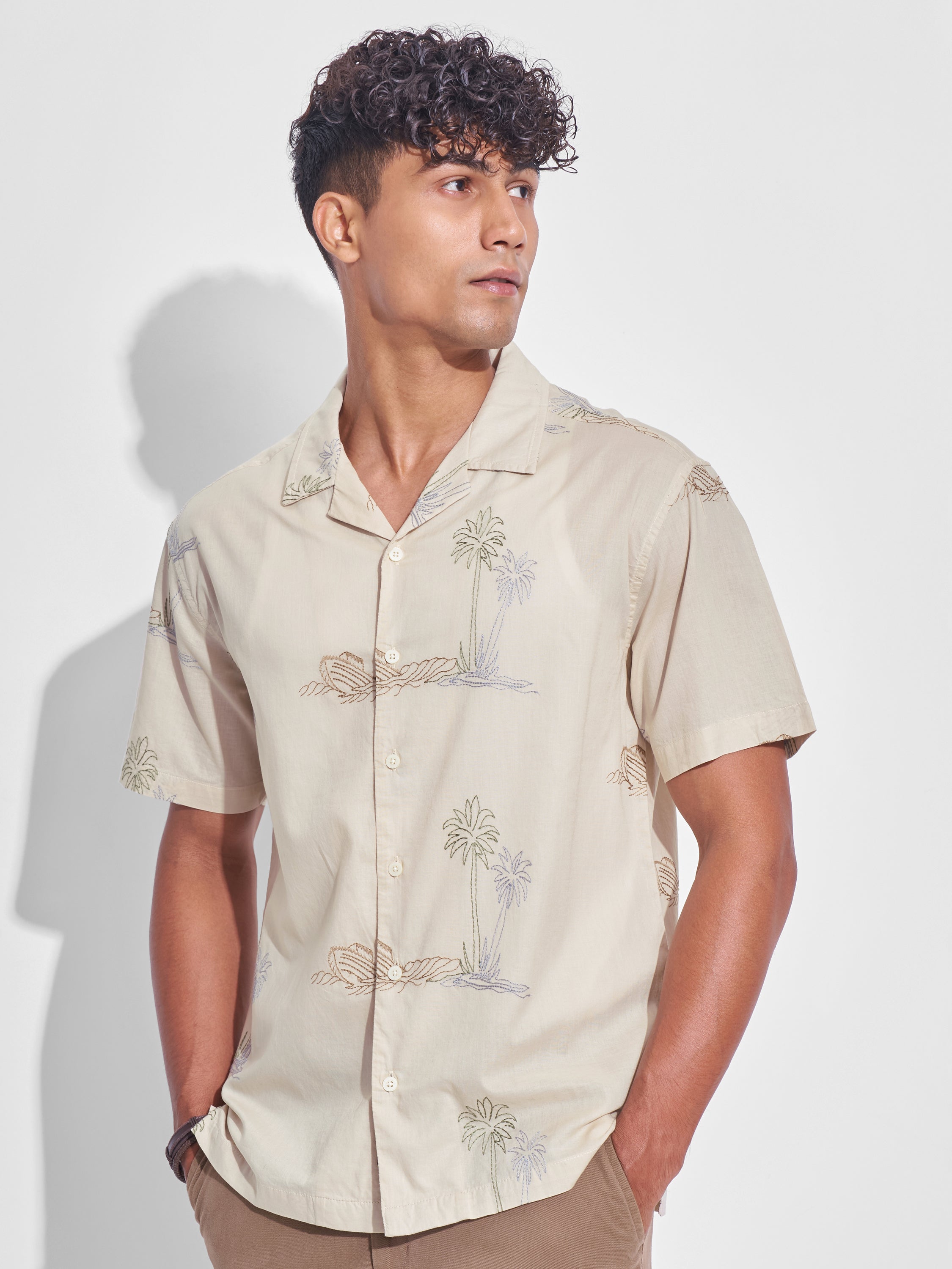 Highlander Men Cream Embroidered Relaxed Fit Casual Shirt - Cream - Image 4