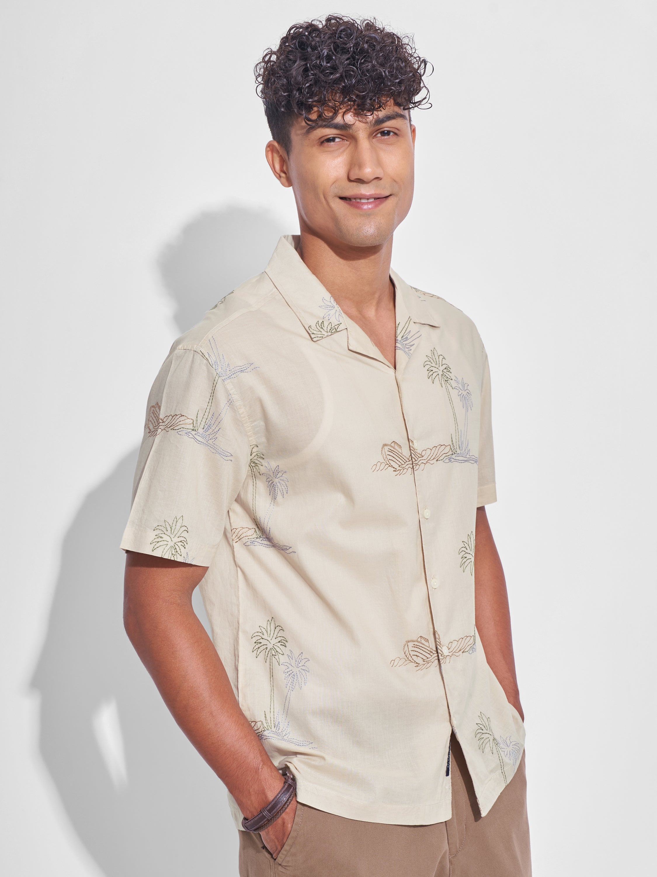 Highlander Men Cream Embroidered Relaxed Fit Casual Shirt - Cream - Image 6