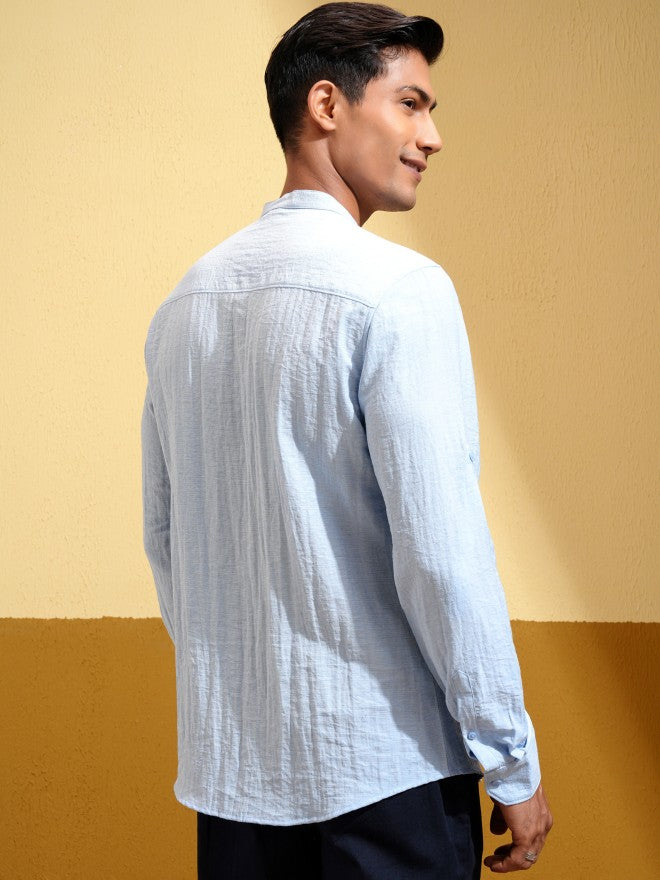 Highlander Men Blue Self Design Regular Fit Casual Shirt - Blue - Image 3