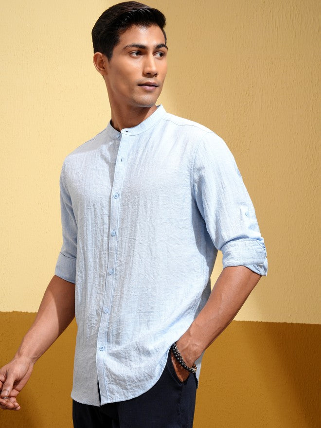 Highlander Men Blue Self Design Regular Fit Casual Shirt - Blue - Image 4