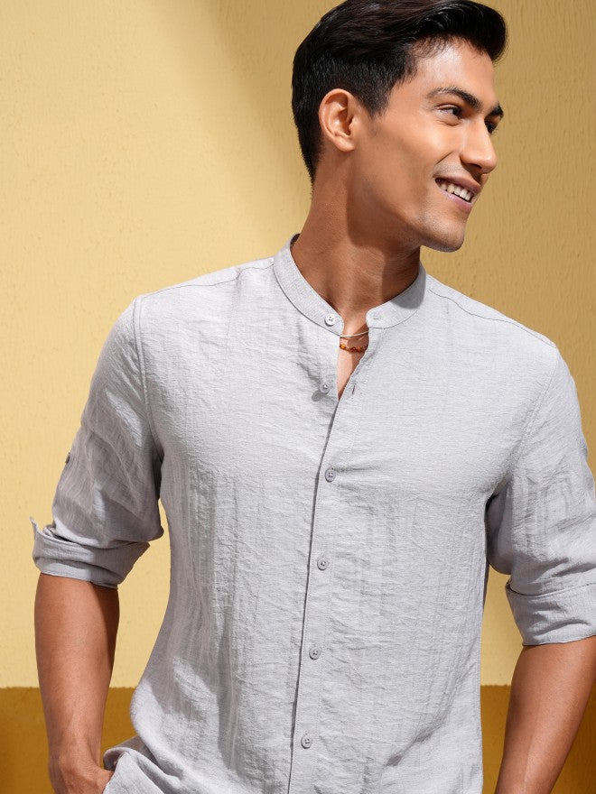 Highlander Men Grey Self Design Regular Fit Casual Shirt - Grey - Image 1