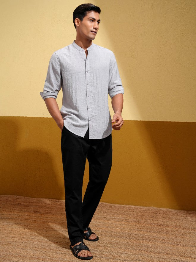 Highlander Men Grey Self Design Regular Fit Casual Shirt - Grey - Image 2