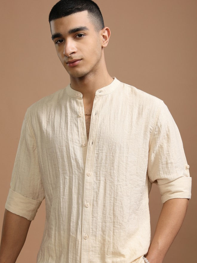 Highlander Men Cream Solid Regular Fit Casual Shirt - Cream - Image 1