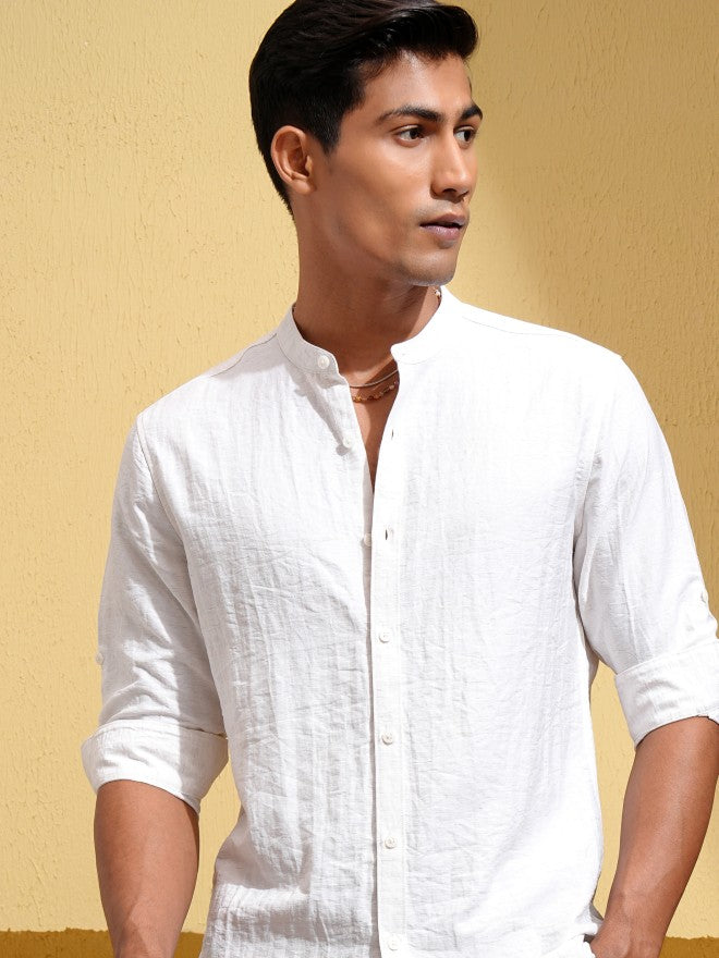 Highlander Men White Self Design Regular Fit Casual Shirt - White - Image 1