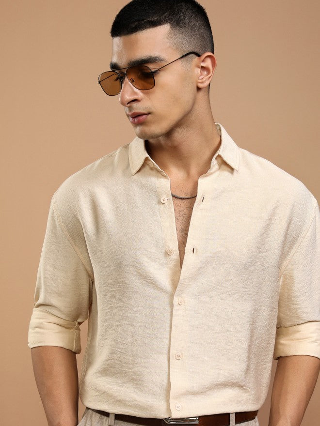 Highlander Men Cream Textured Relaxed Fit Casual Shirt - Cream - Image 1