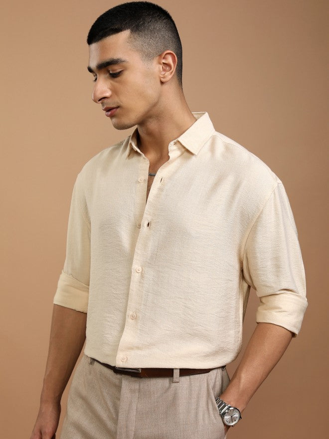 Highlander Men Cream Textured Relaxed Fit Casual Shirt - Cream - Image 4