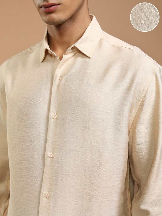 Highlander Men Cream Textured Relaxed Fit Casual Shirt - Cream - Image 5