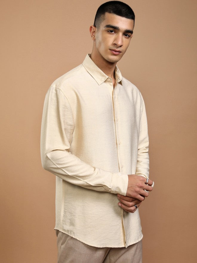 Highlander Men Cream Textured Relaxed Fit Casual Shirt - Cream - Image 6