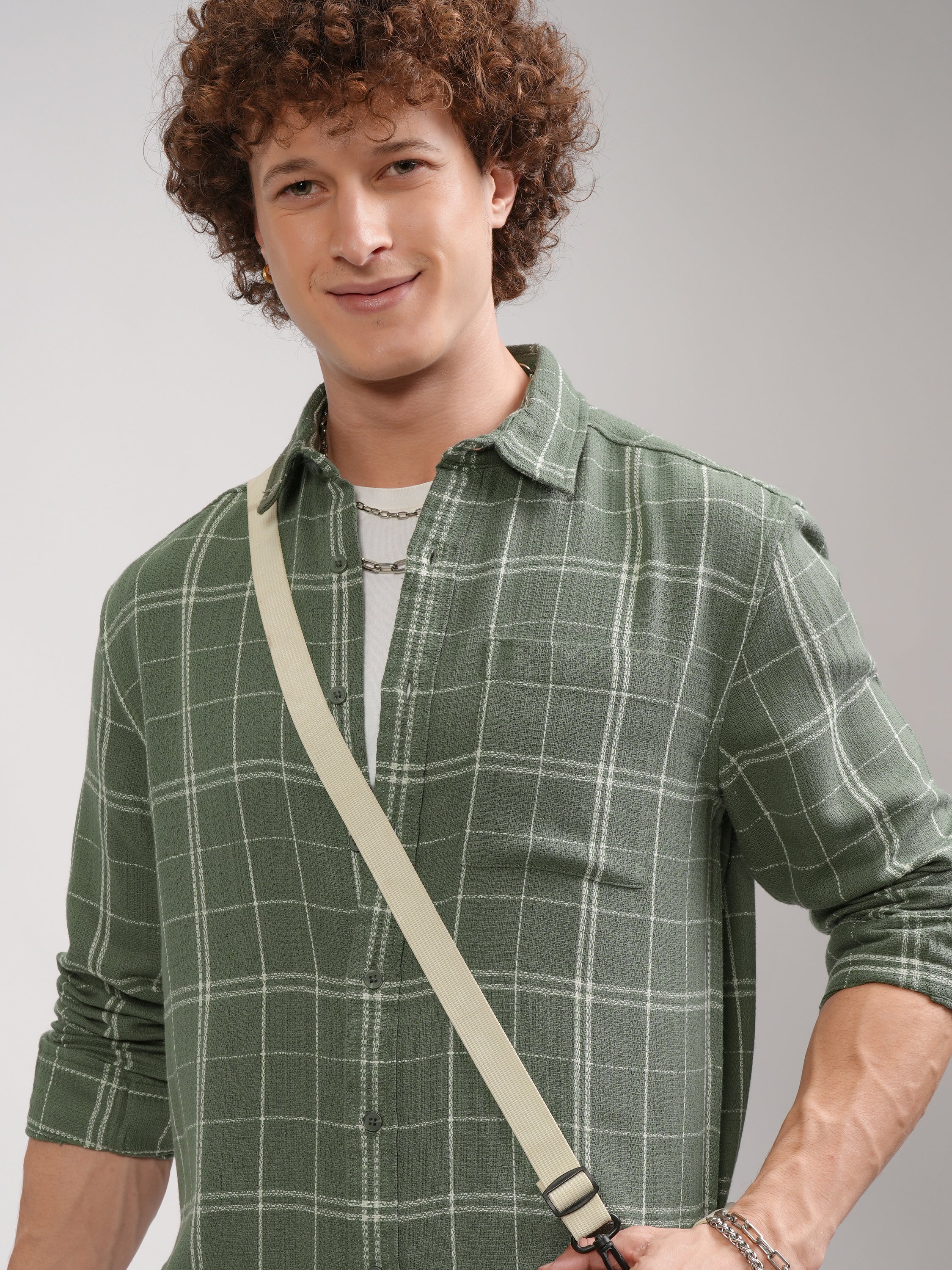 Highlander Men Olive Checked Relaxed Fit Casual Shirt - Olive - Image 1