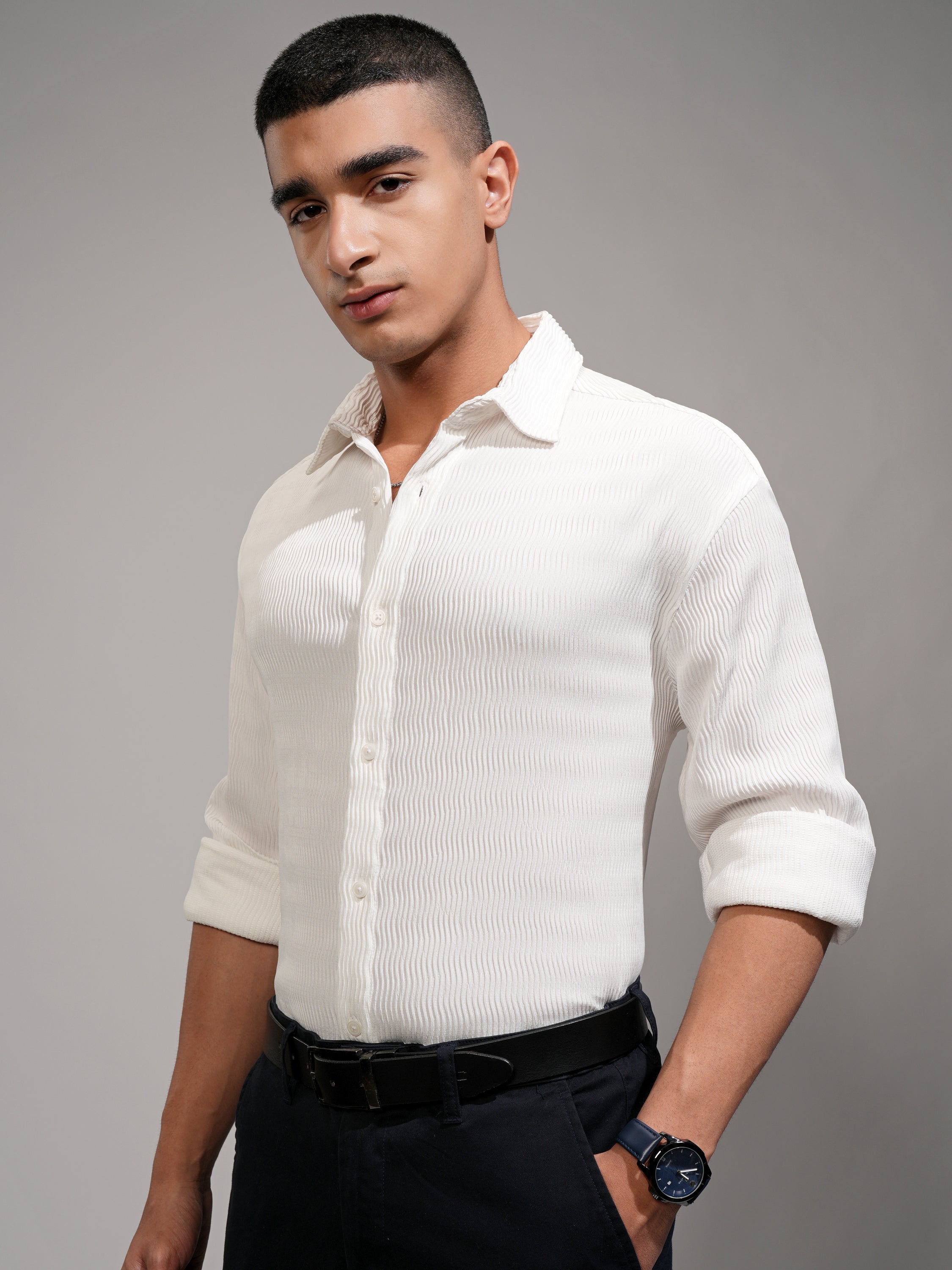 Highlander Men White Self Design Relaxed Fit Casual Shirt - White - Image 4