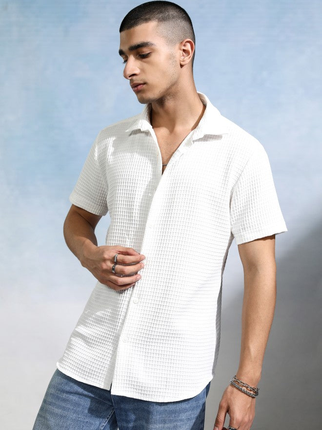 Highlander Men White Textured Slim Fit Casual Shirt - White - Image 4
